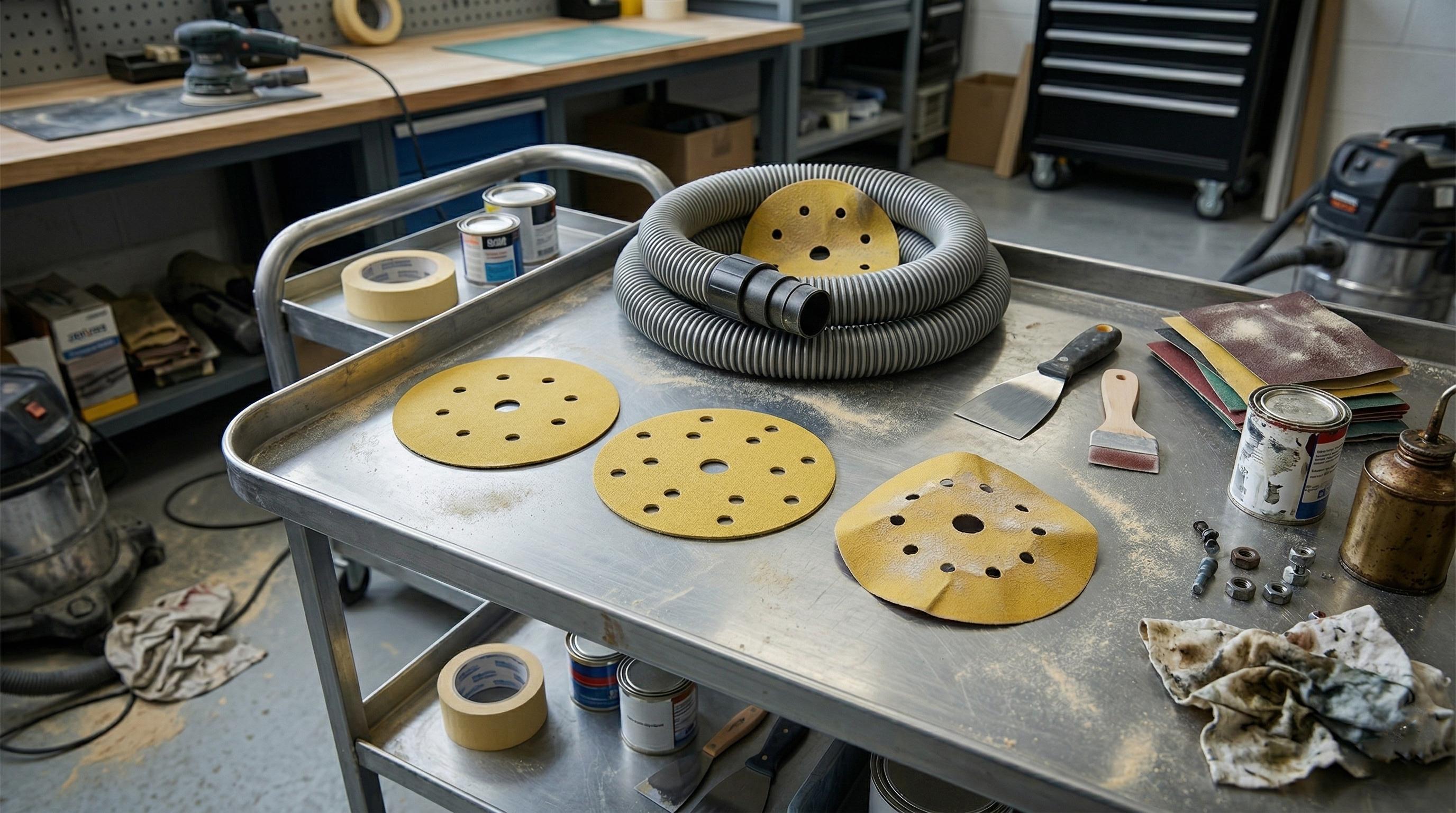 Side-by-side photo of three 150 mm sanding discs on a prep trolley with a visible dust extraction hose nearby