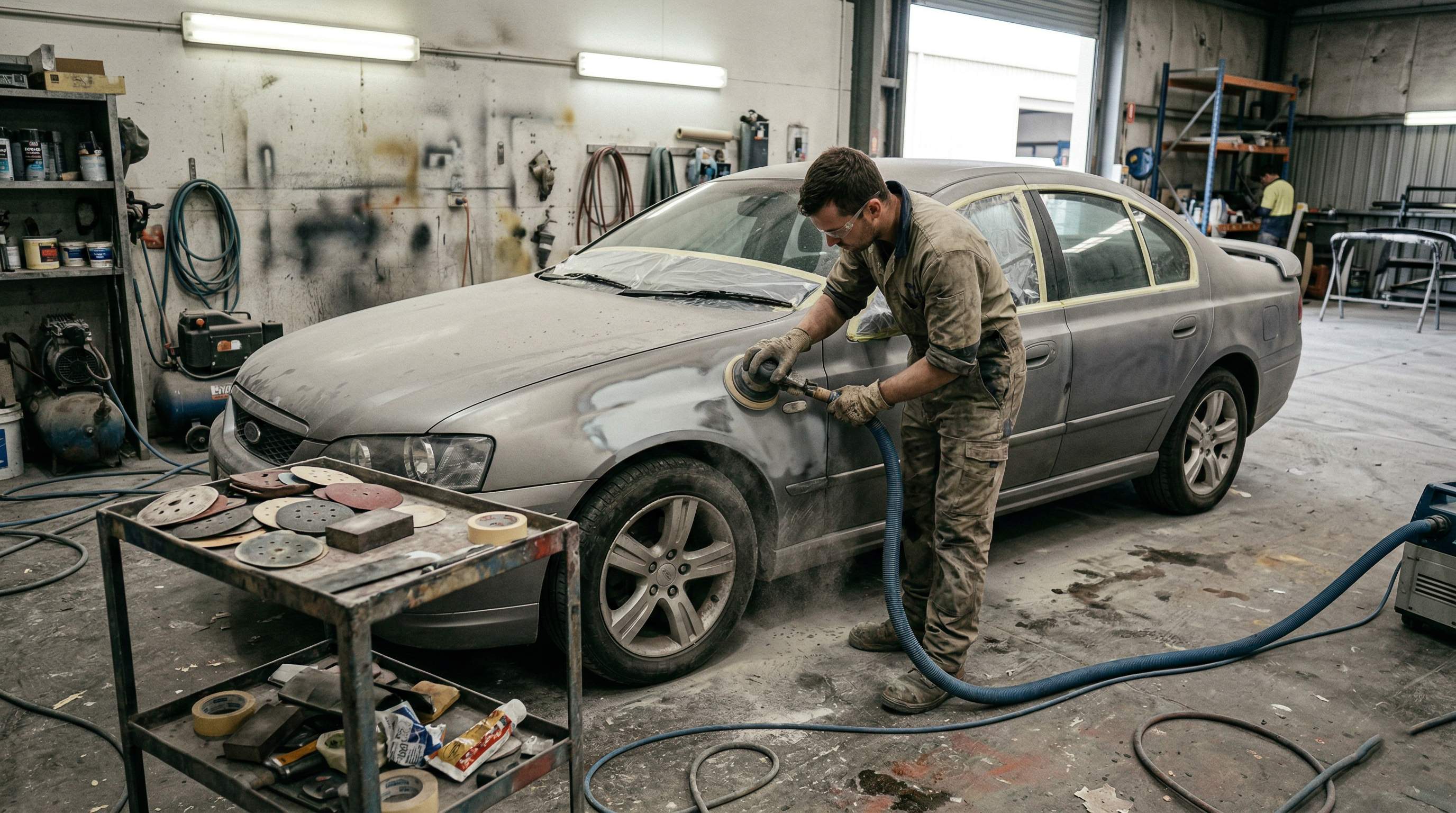 Real Australian panel shop prep bay with technicians sanding filler and primer in a dusty, organised prep area