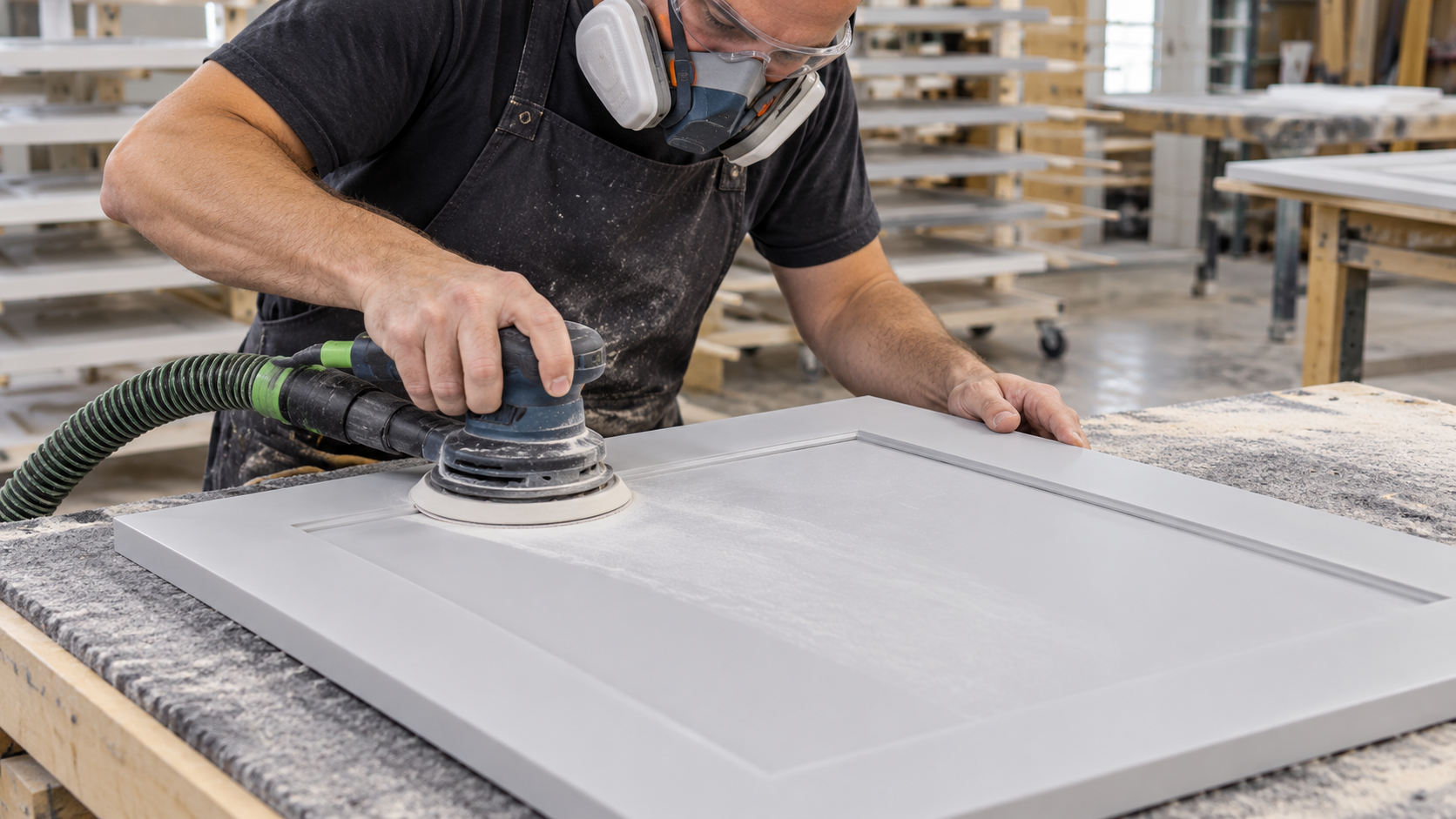 Cabinet maker sanding an MDF kitchen cabinet door using a 150mm orbital sander with dust extraction