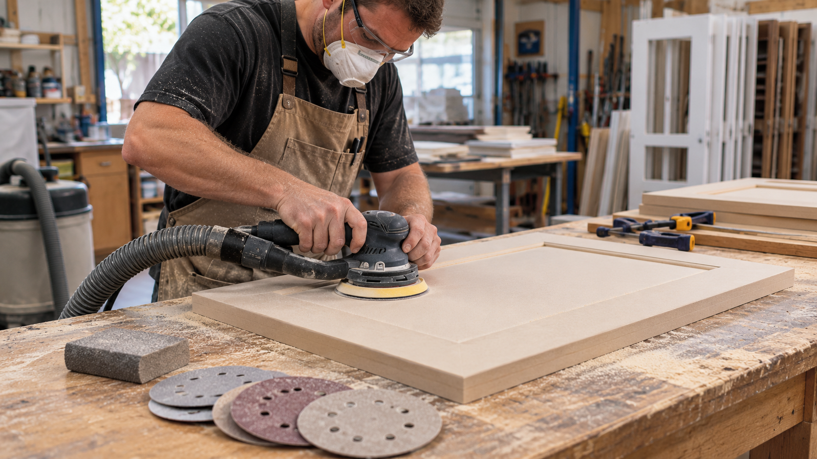 Professional spray finisher sanding a cured primer coat on an MDF cabinet door