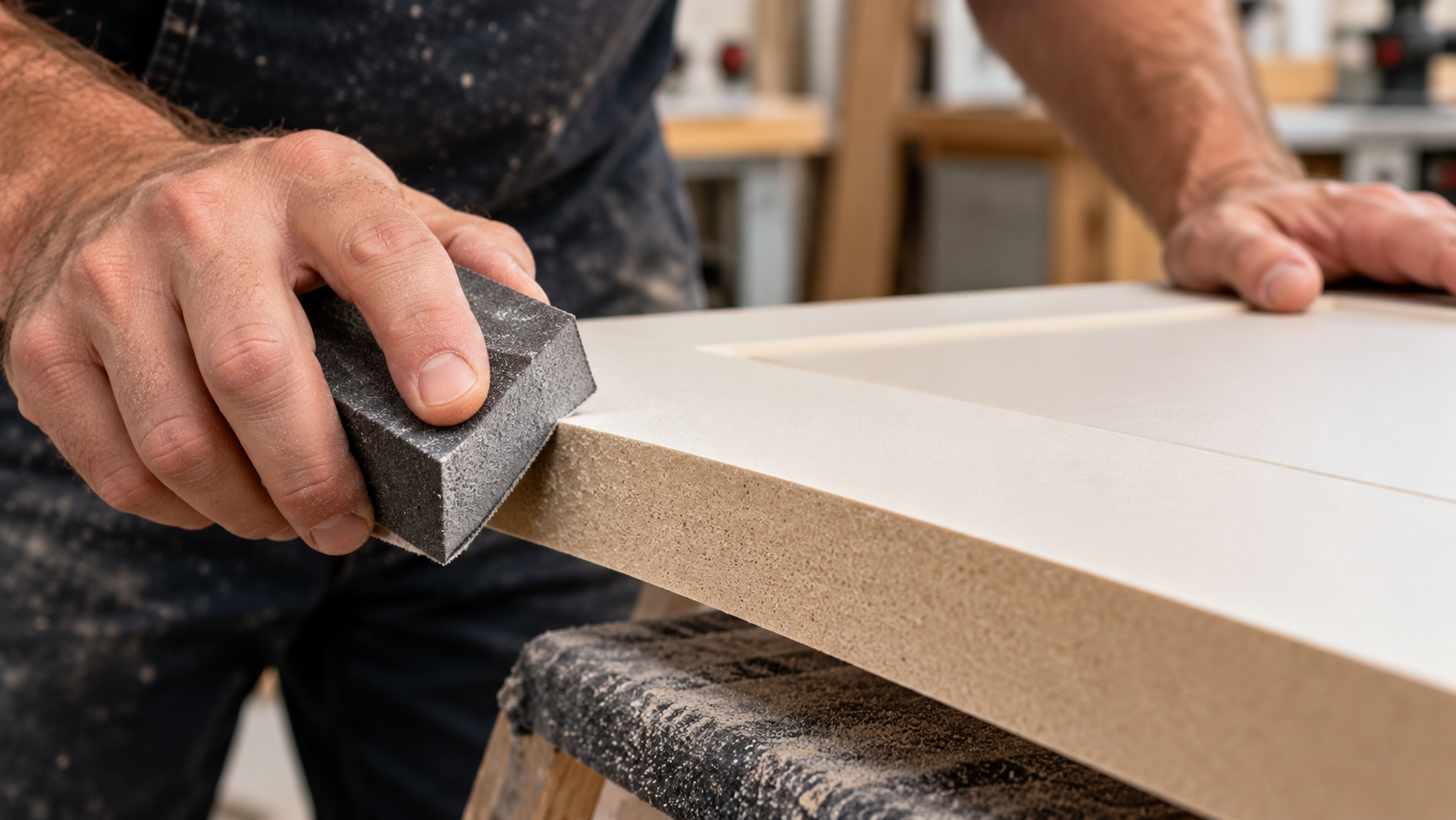 Close-up of a cabinet maker sanding the porous cut edge of an MDF cabinet door