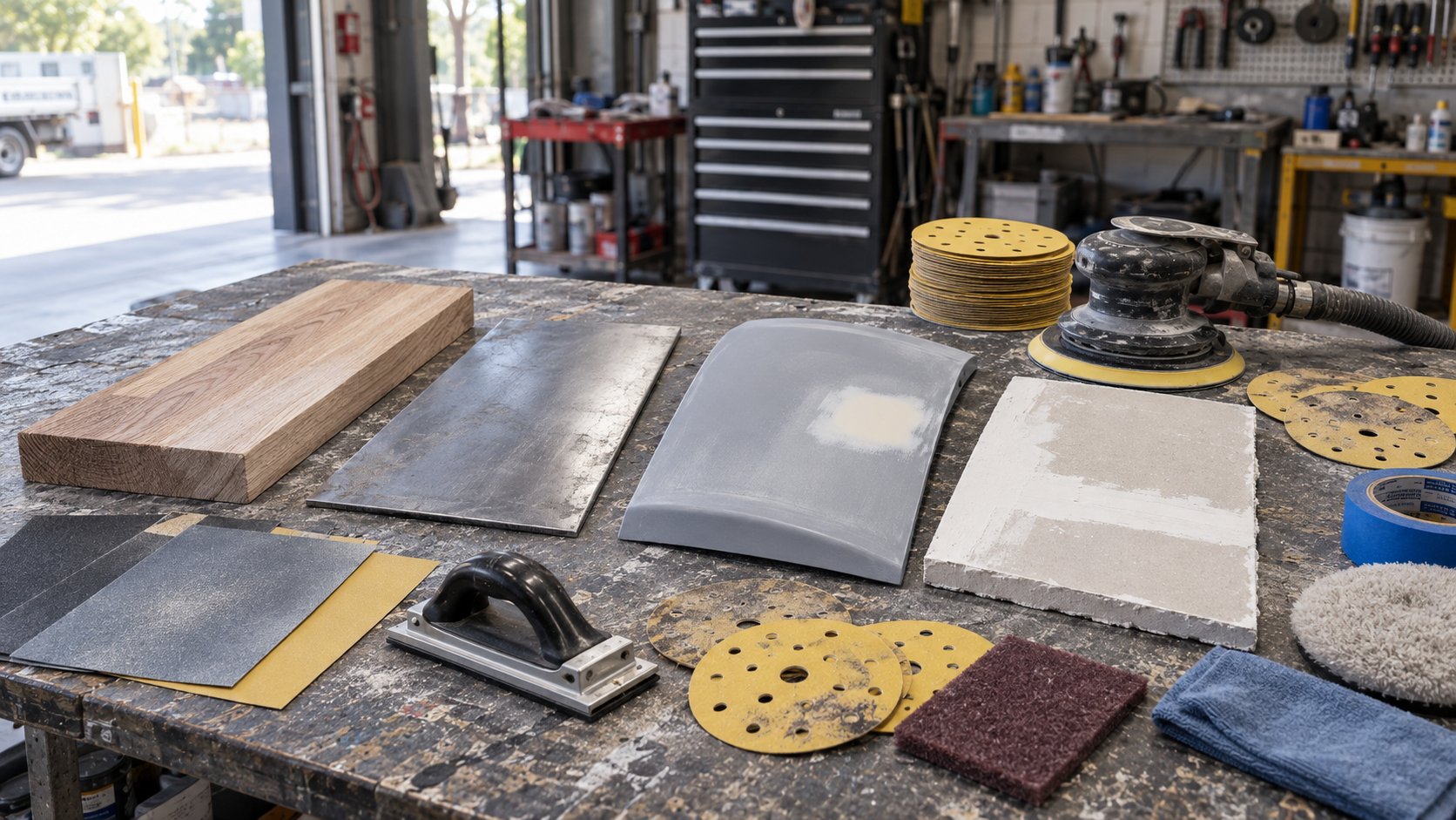 Sandpaper grit chart setup with timber, metal, primed panel, plasterboard, sanding discs and orbital sander in an Australian workshop