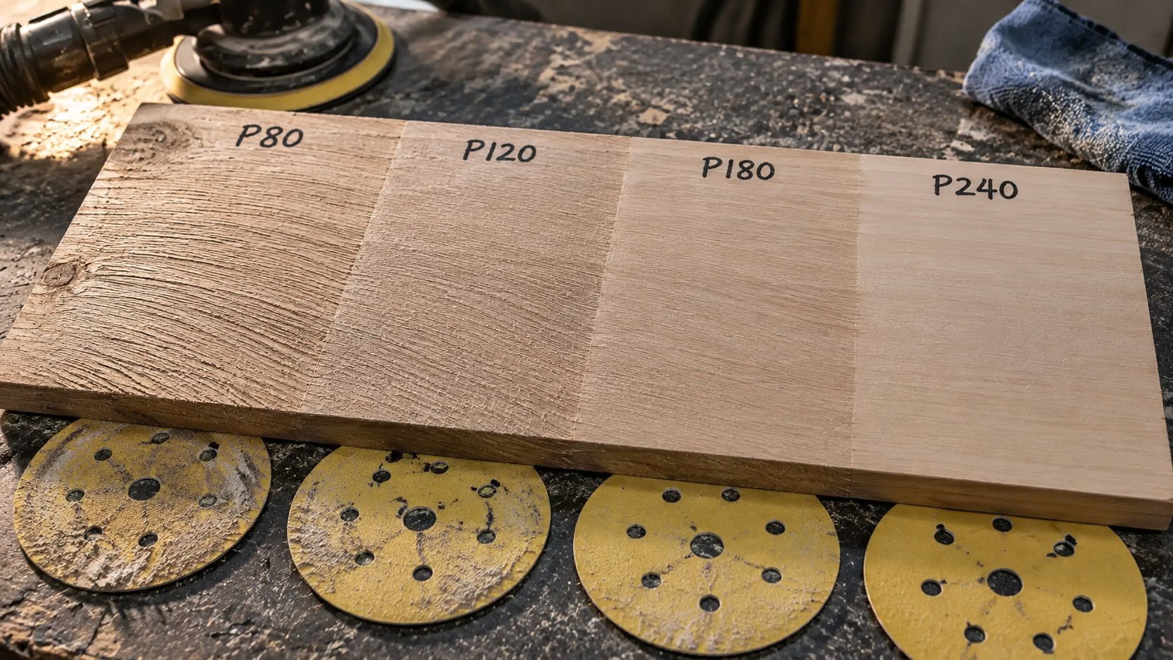 SPX scratch pattern comparison showing timber sanded with P80 P120 P180 and P240 abrasives