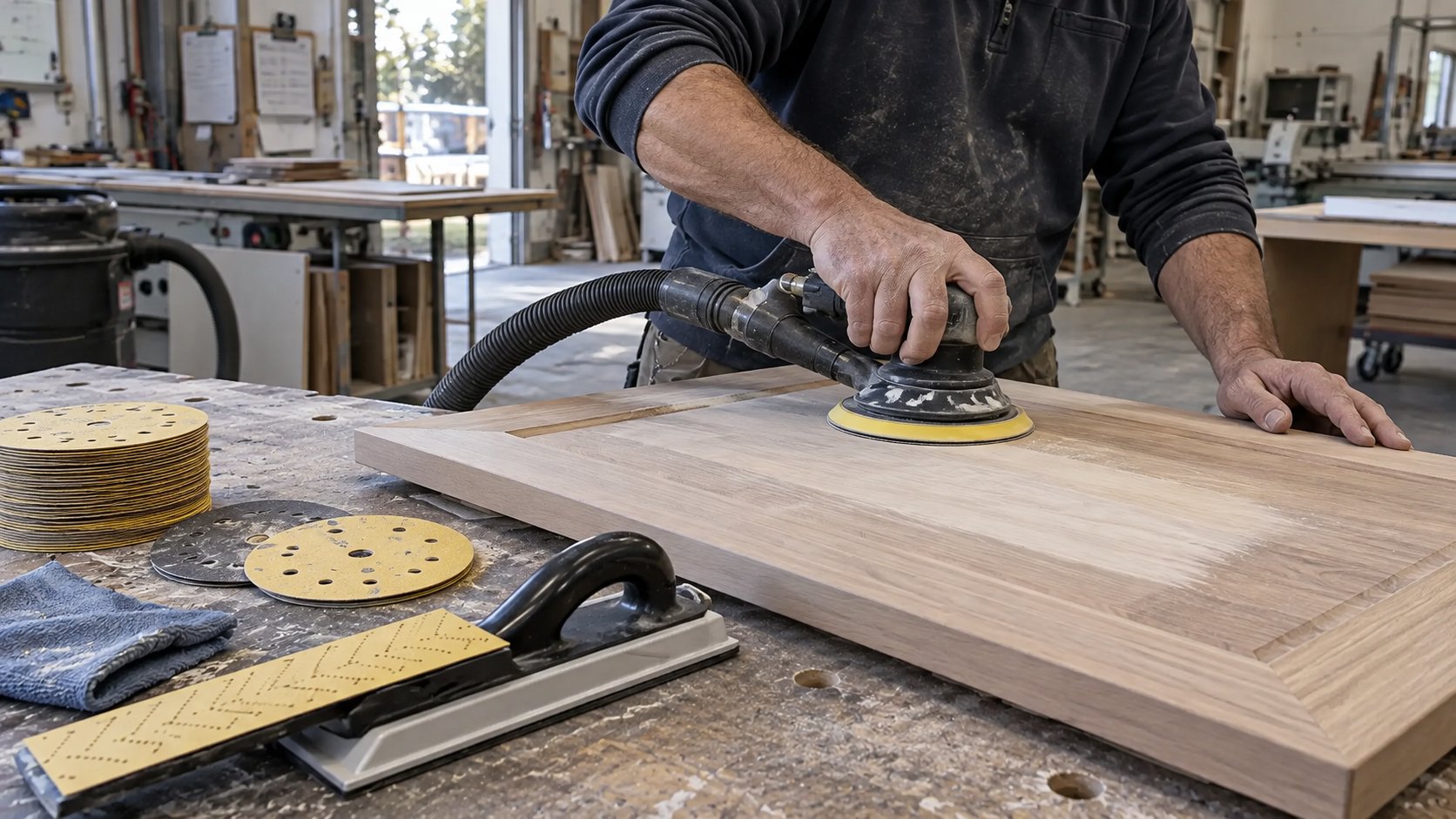 Cabinet maker sanding a timber panel with a random orbital sander and dust extraction