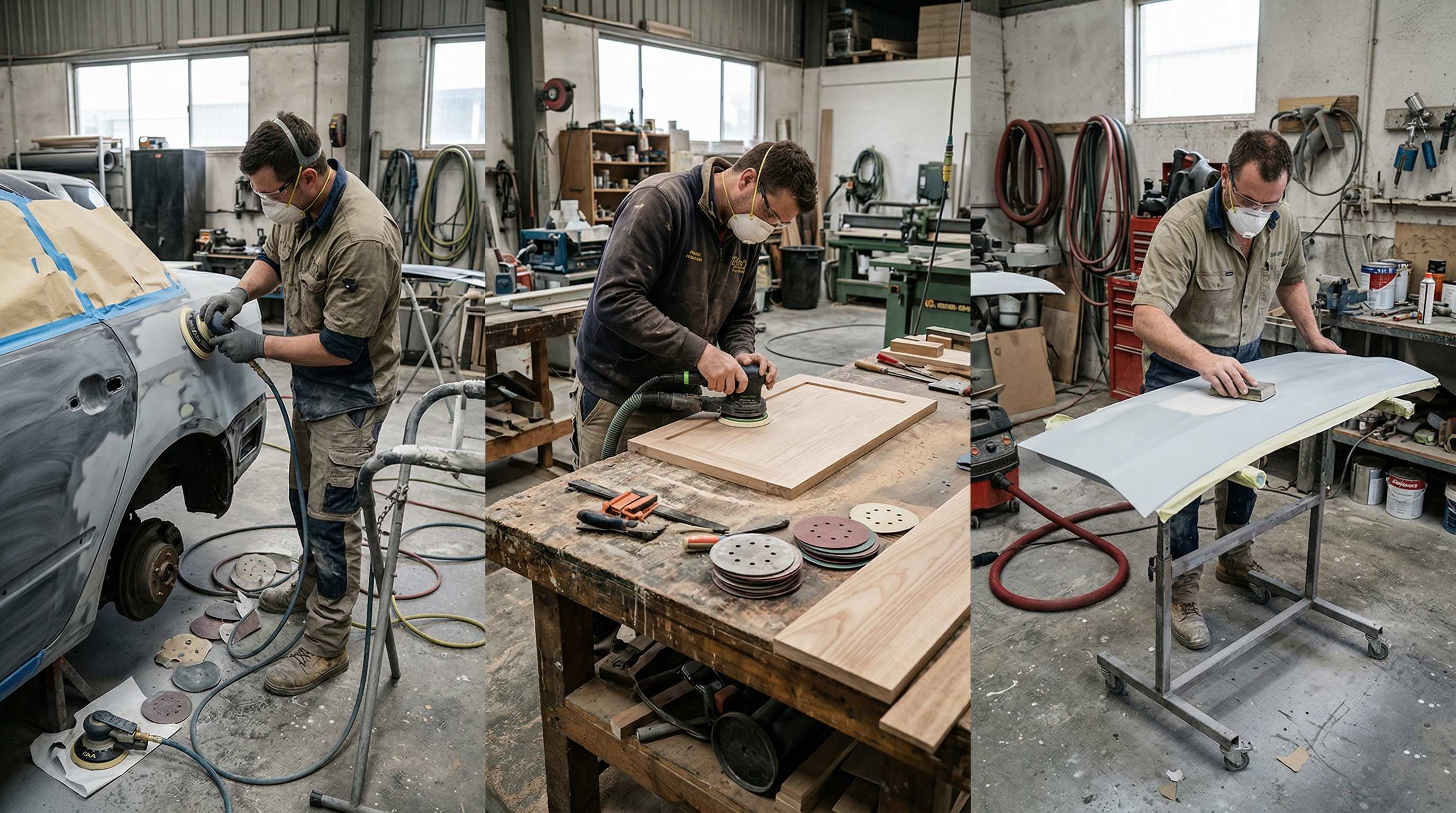 Panel shop technician, cabinet maker and spray painter using sanding discs in a real Australian workshop