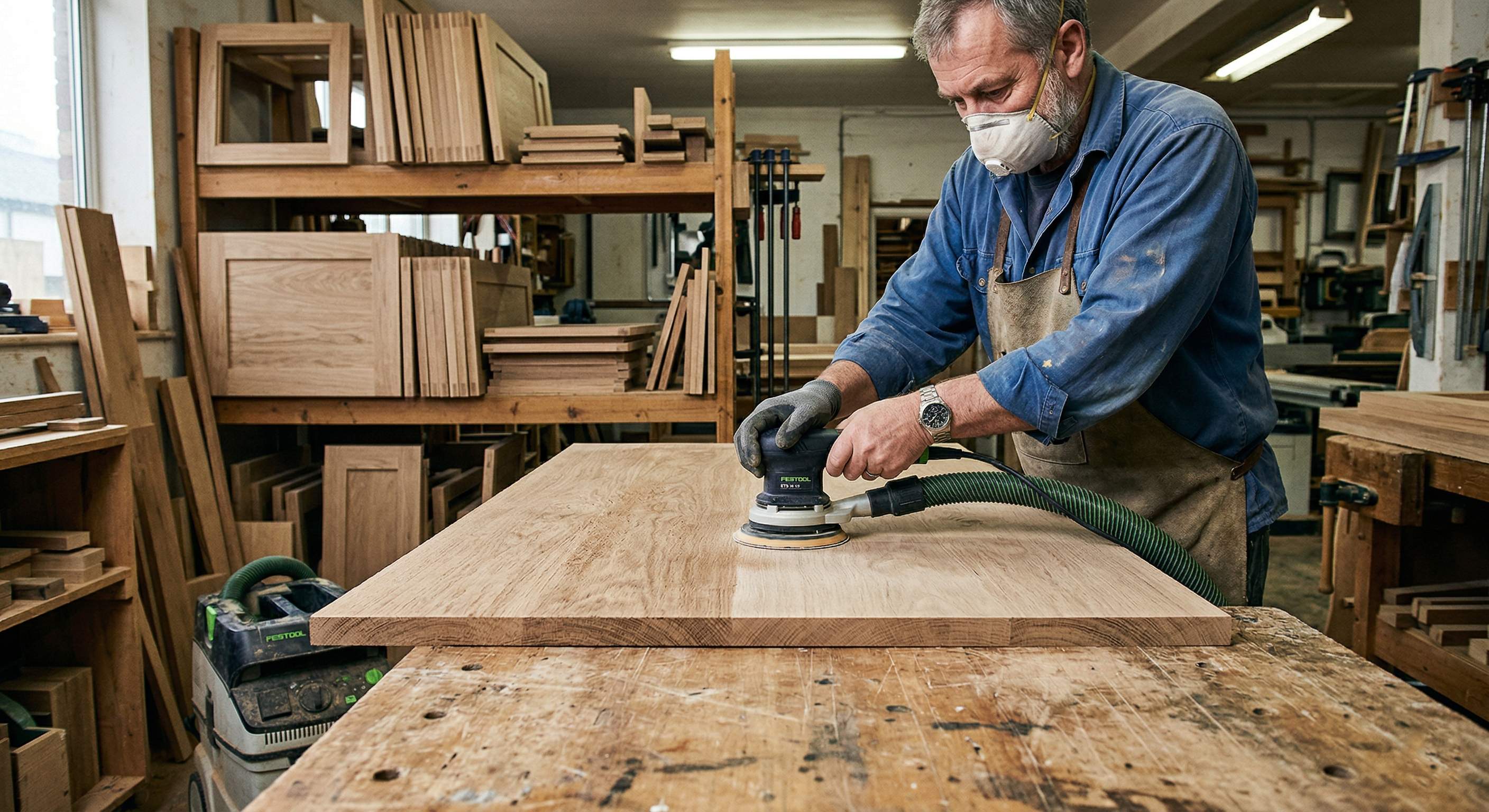 Cabinet maker sanding a hardwood panel with dust extraction attached