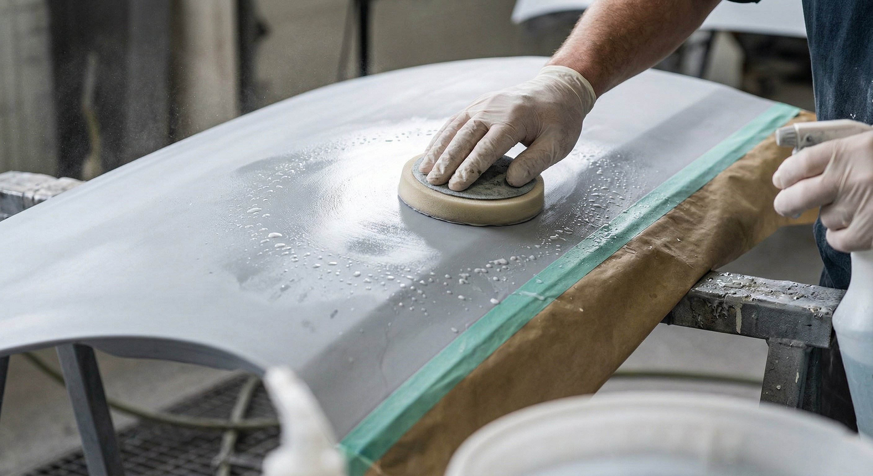 Spray painter refining primer and clear coat with a fine sanding disc