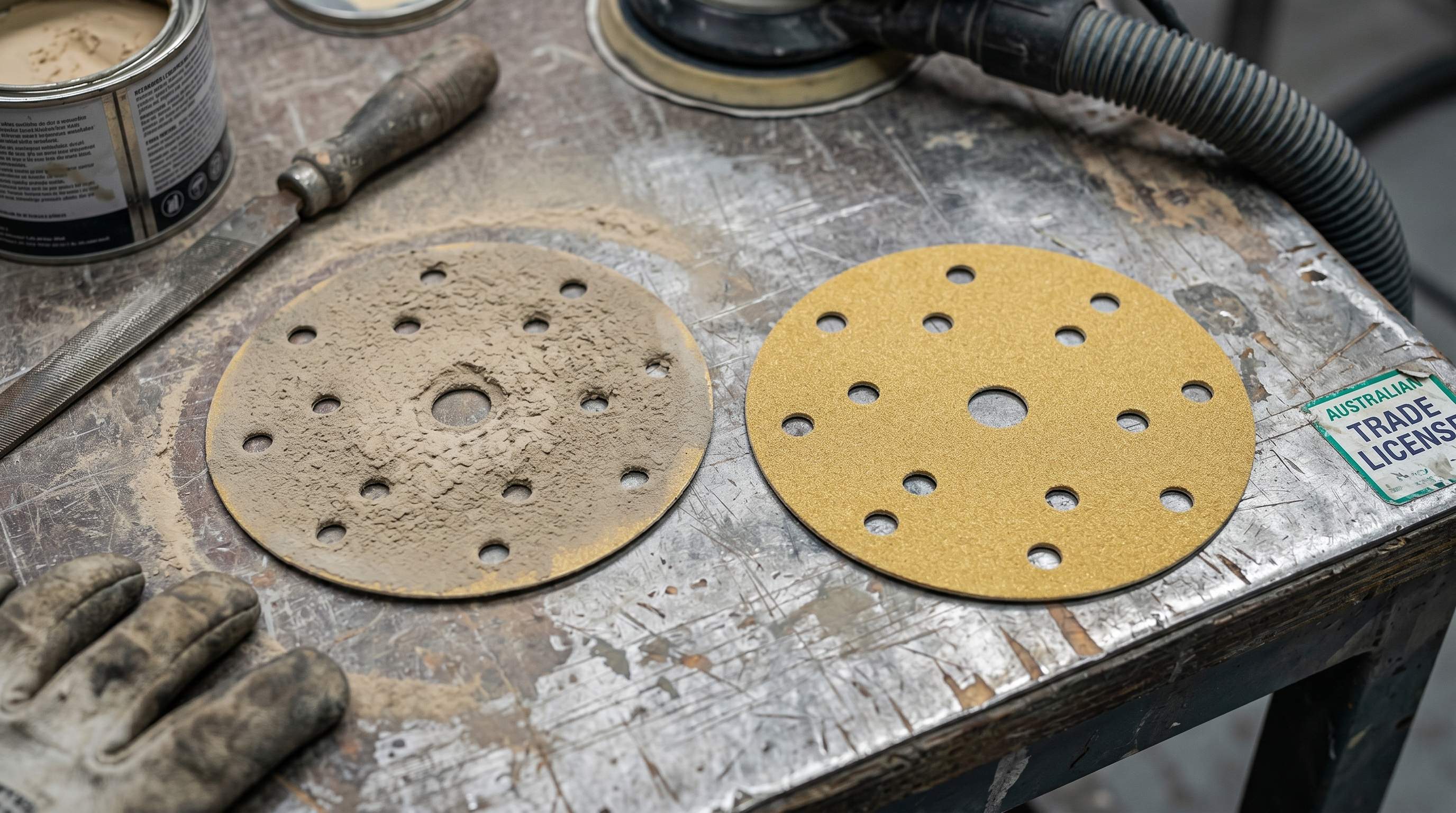 Comparison of clogged and clean sanding discs used on body filler