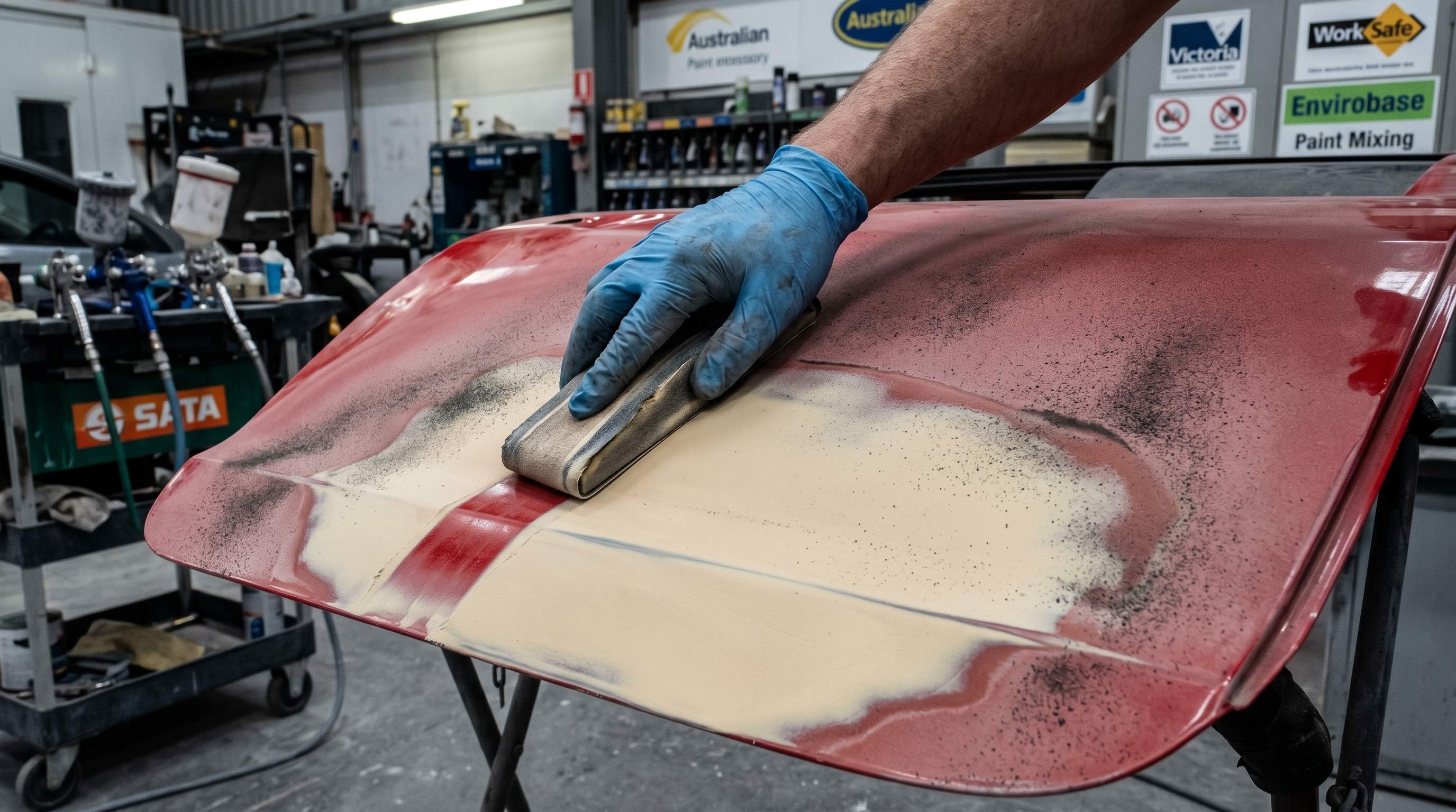 Guide coat applied over body filler before block sanding a repaired panel