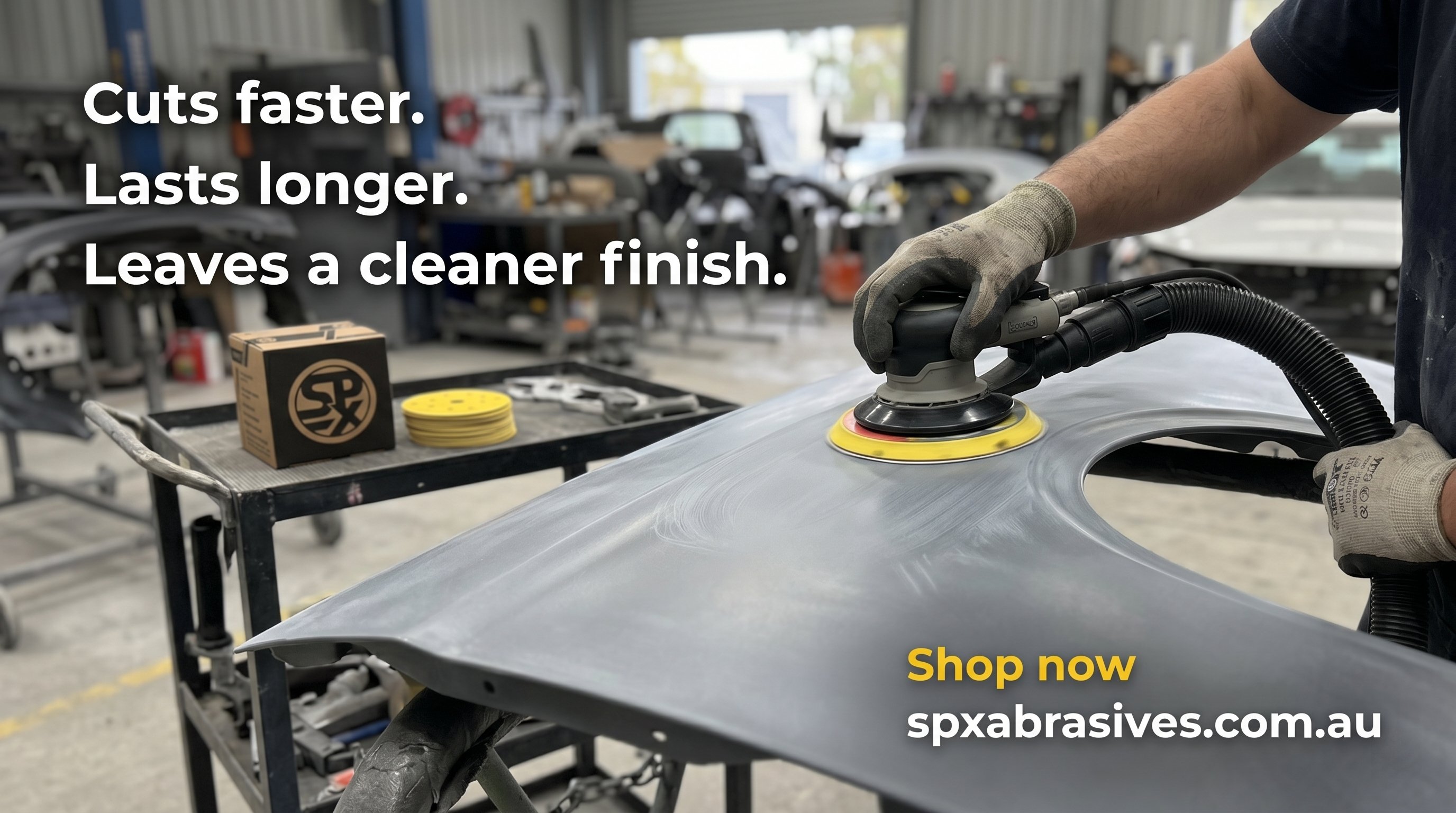 15-hole 150mm sanding setup with dust extraction in a panel shop