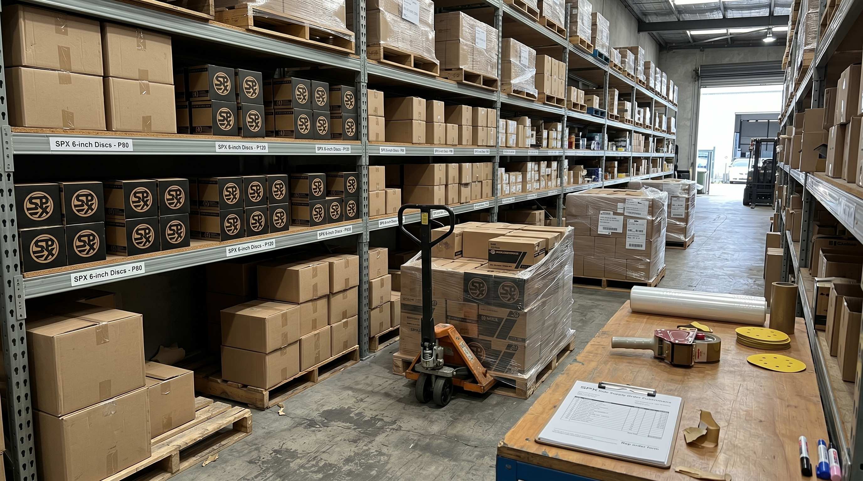 Bulk sanding disc stock organised for trade supply and repeat workshop orders