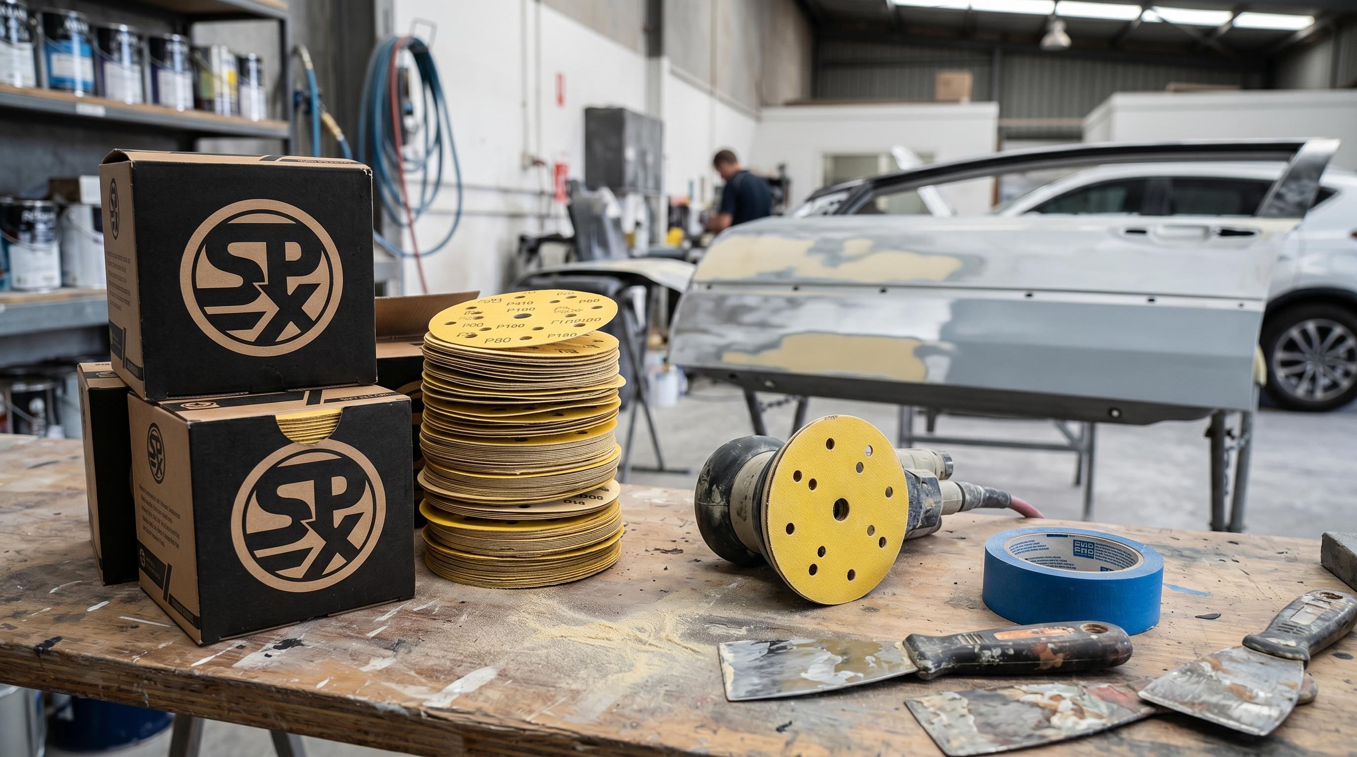 Bulk 150mm sanding discs and DA sander set up in a working panel shop