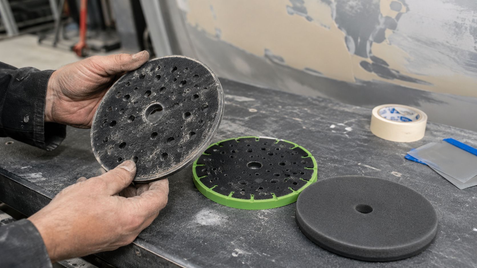 Four sanding discs showing different levels of clogging after sanding body filler.