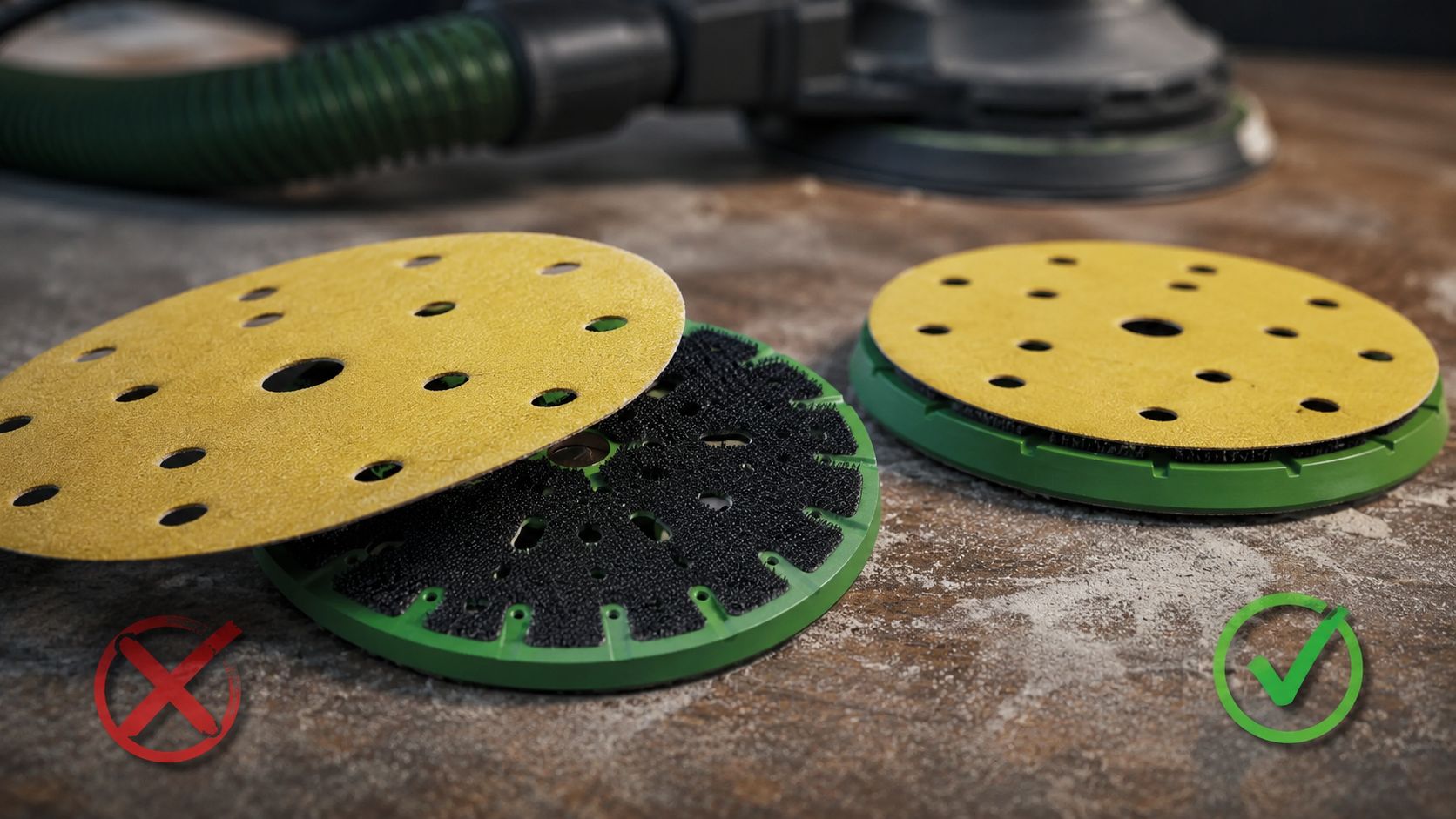15-hole sanding disc misaligned with a backing pad, blocking dust extraction holes.