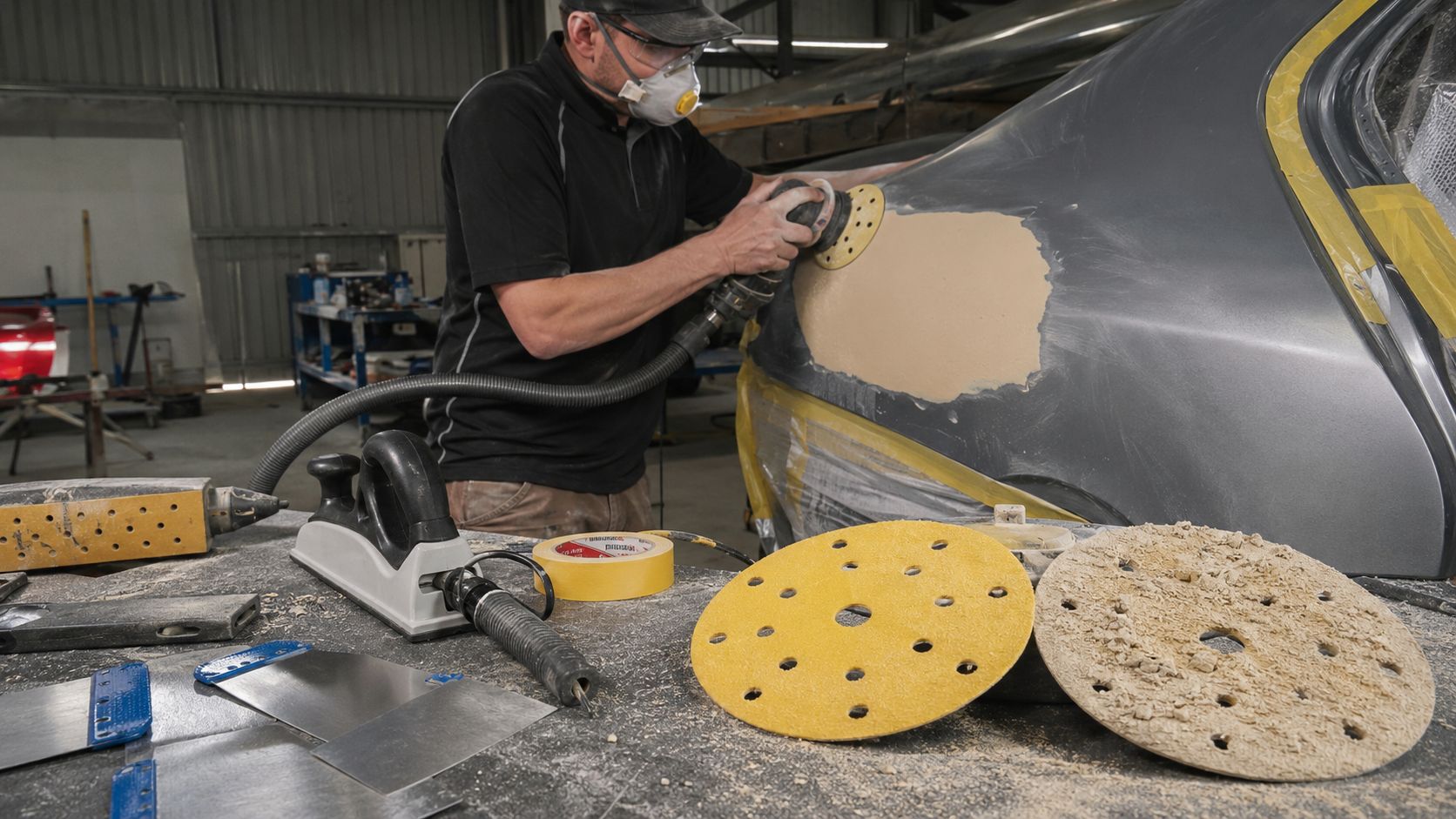 DA sander connected to dust extraction during a panel shop vacuum flow check.