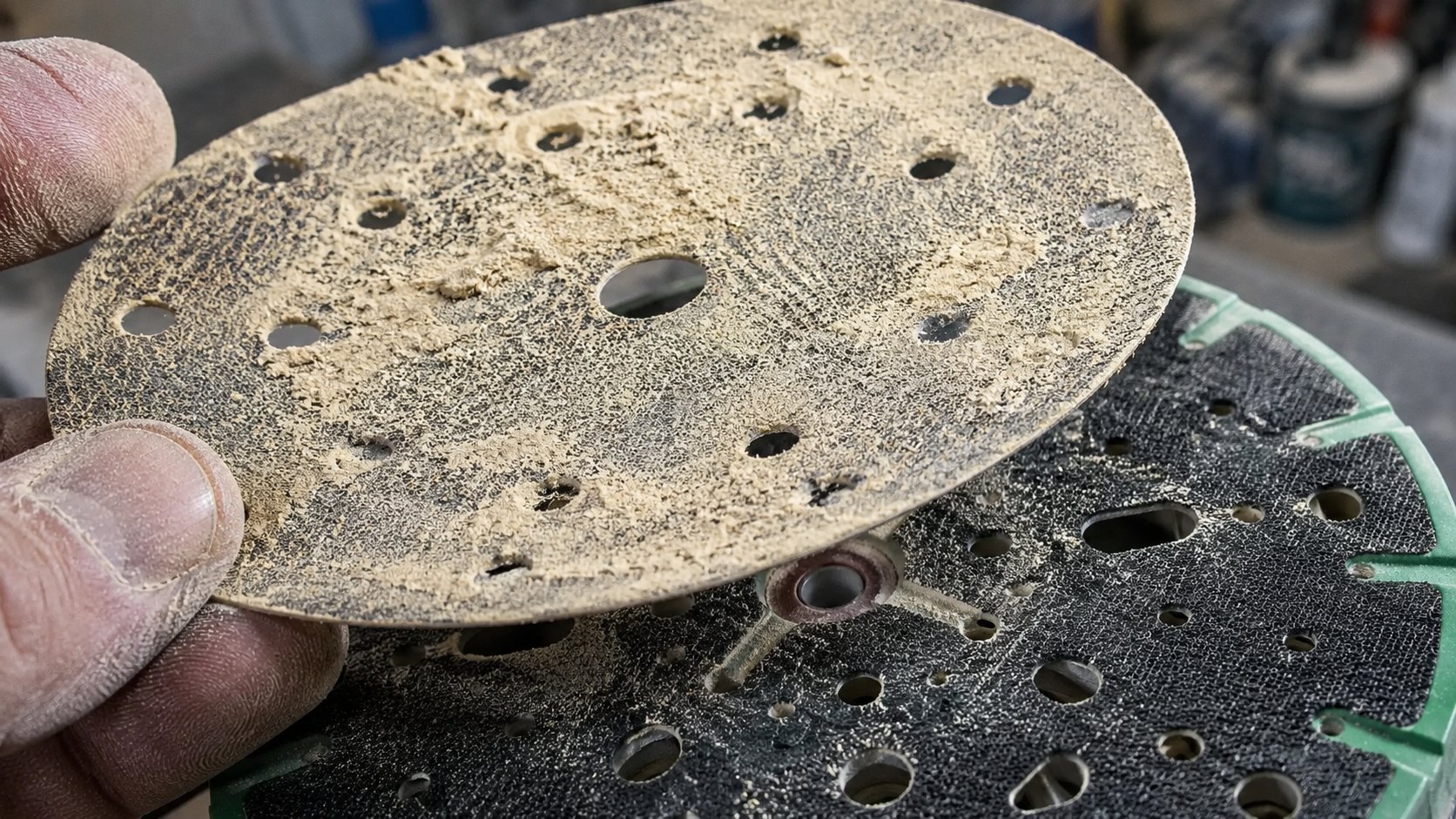 Loaded 150mm sanding disc with filler dust packed into the abrasive face.