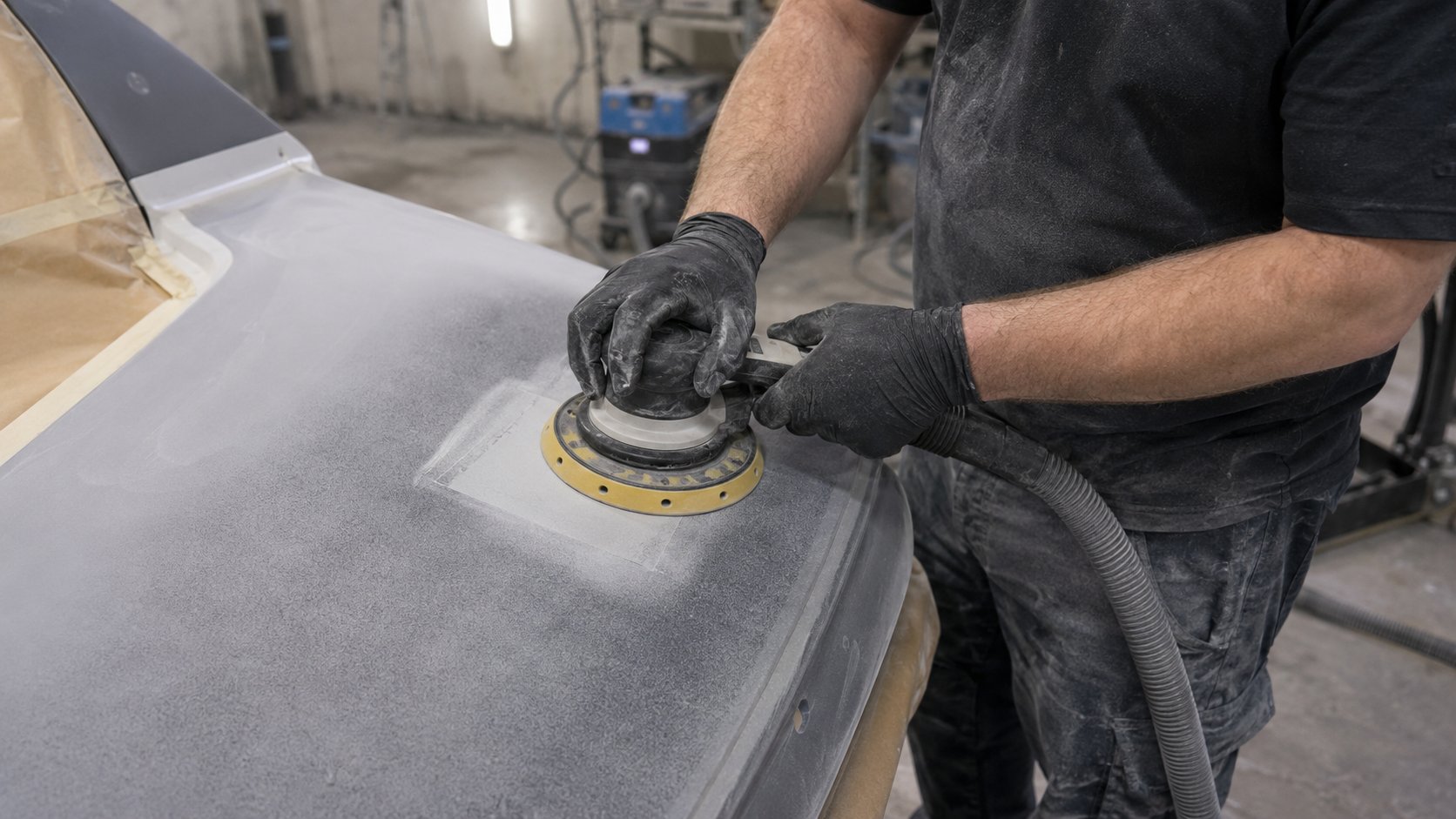 Technician testing a fresh sanding disc and extraction setup on primer to diagnose pigtails.