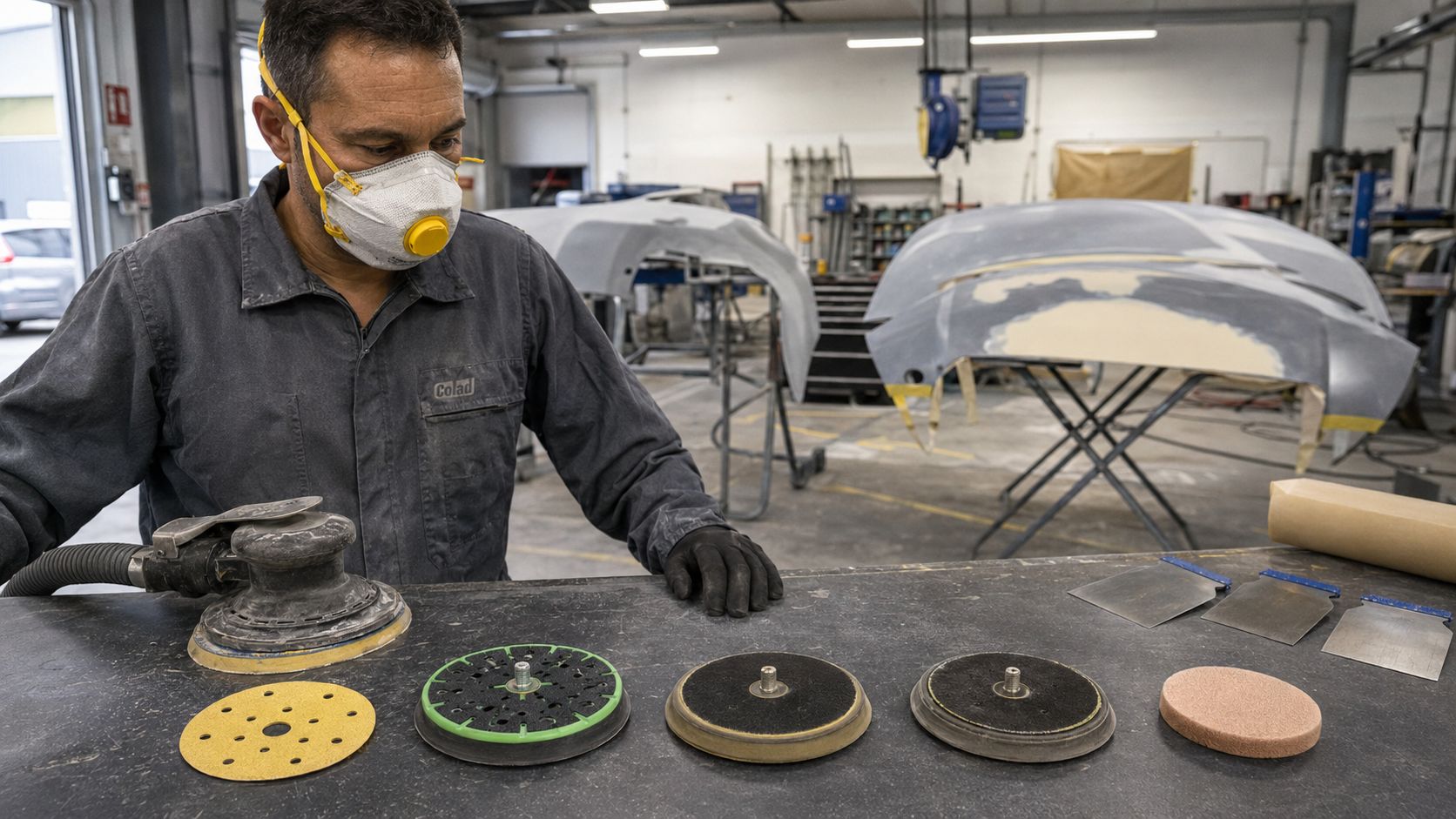 Technician comparing hard, medium, soft and interface pad setups for 150mm DA sanding in a panel shop.