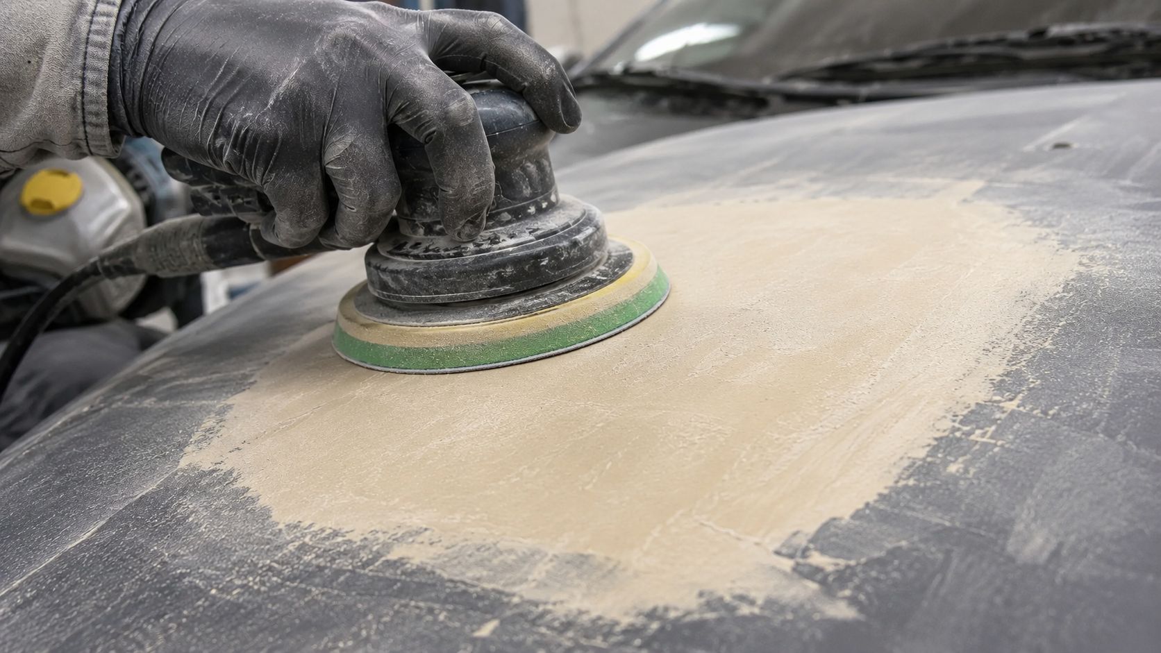 Hard 150mm DA backing pad shaping body filler on a flat repair.