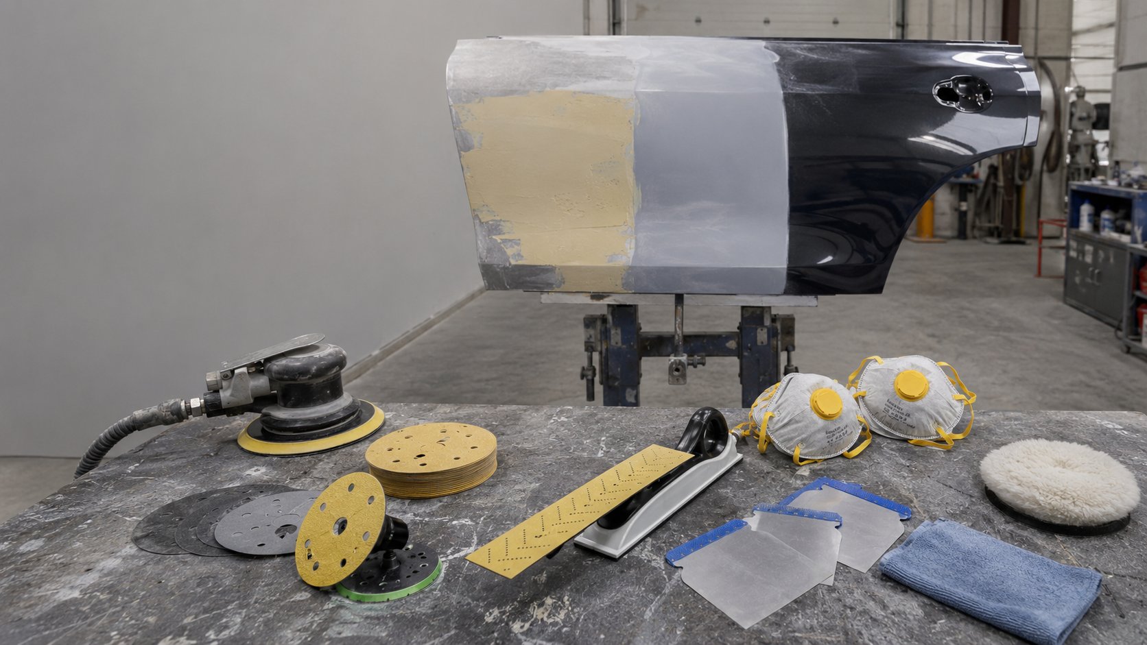 Automotive sanding grit chart setup with DA sander, sanding discs, wet dry abrasives and repaired car panel in an Australian panel shop