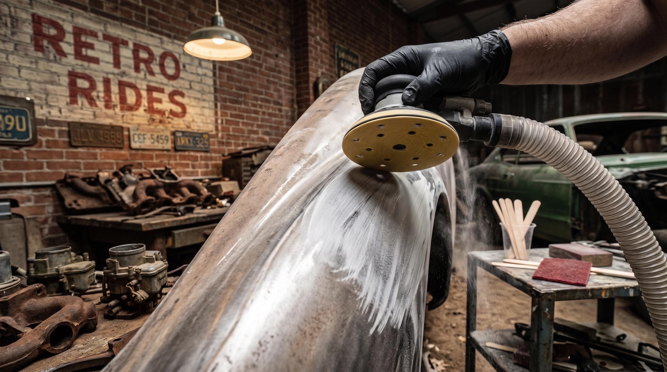 P80 ceramic sanding disc shaping automotive body filler before primer