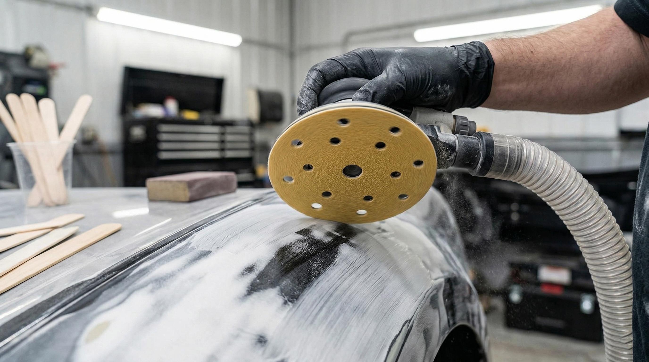 P180 sanding scratch pattern on automotive body filler before primer surfacer