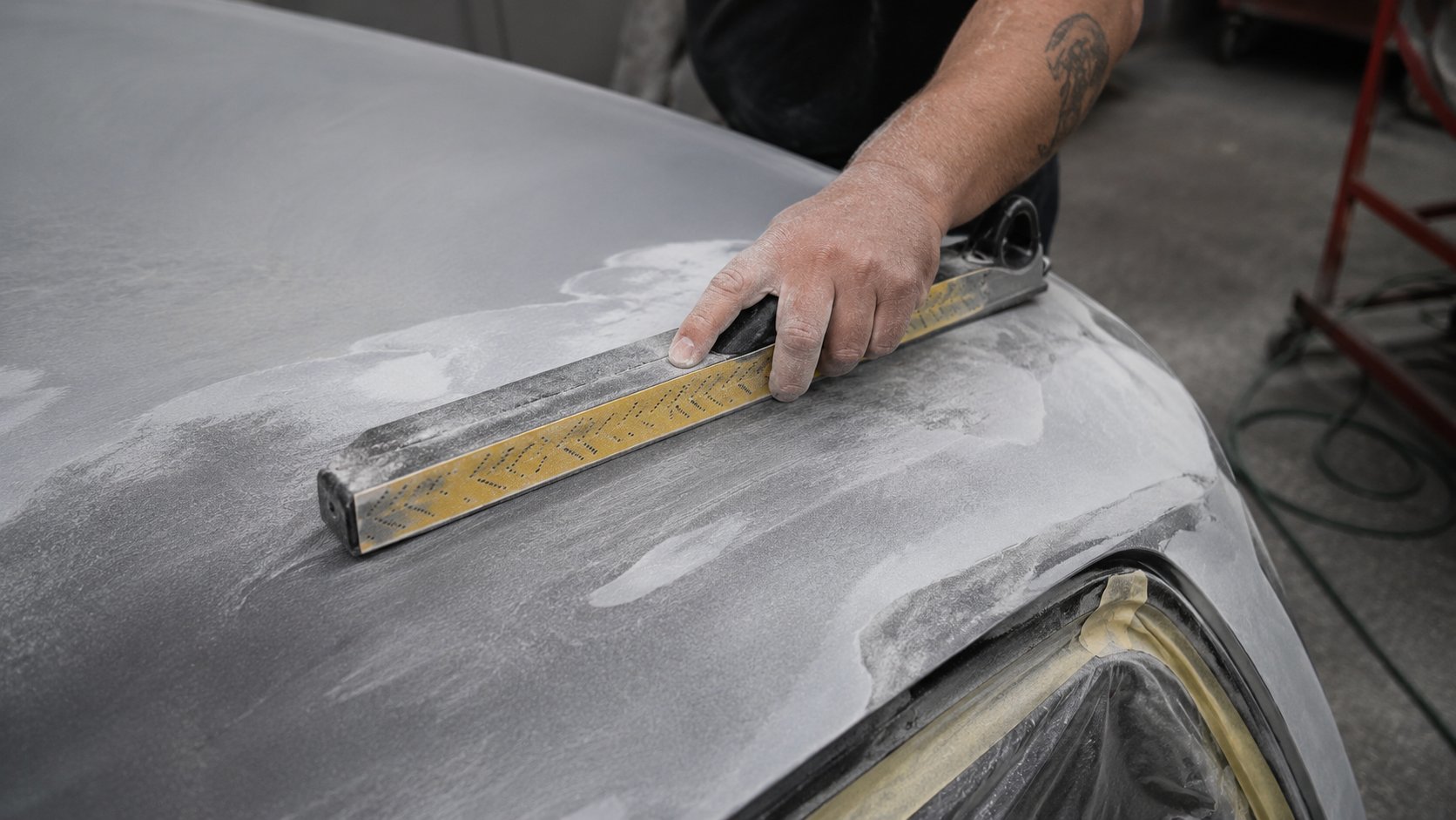 Block sanding primer surfacer with guide coat using P320 to P400 grit