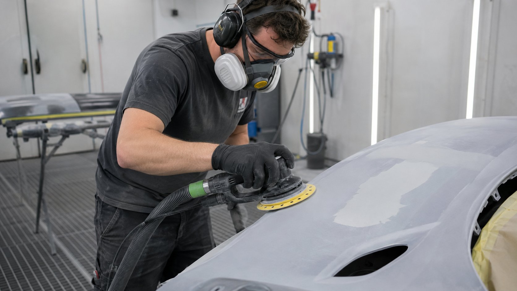 Final primer prep before basecoat using P600 15 hole DA sanding disc