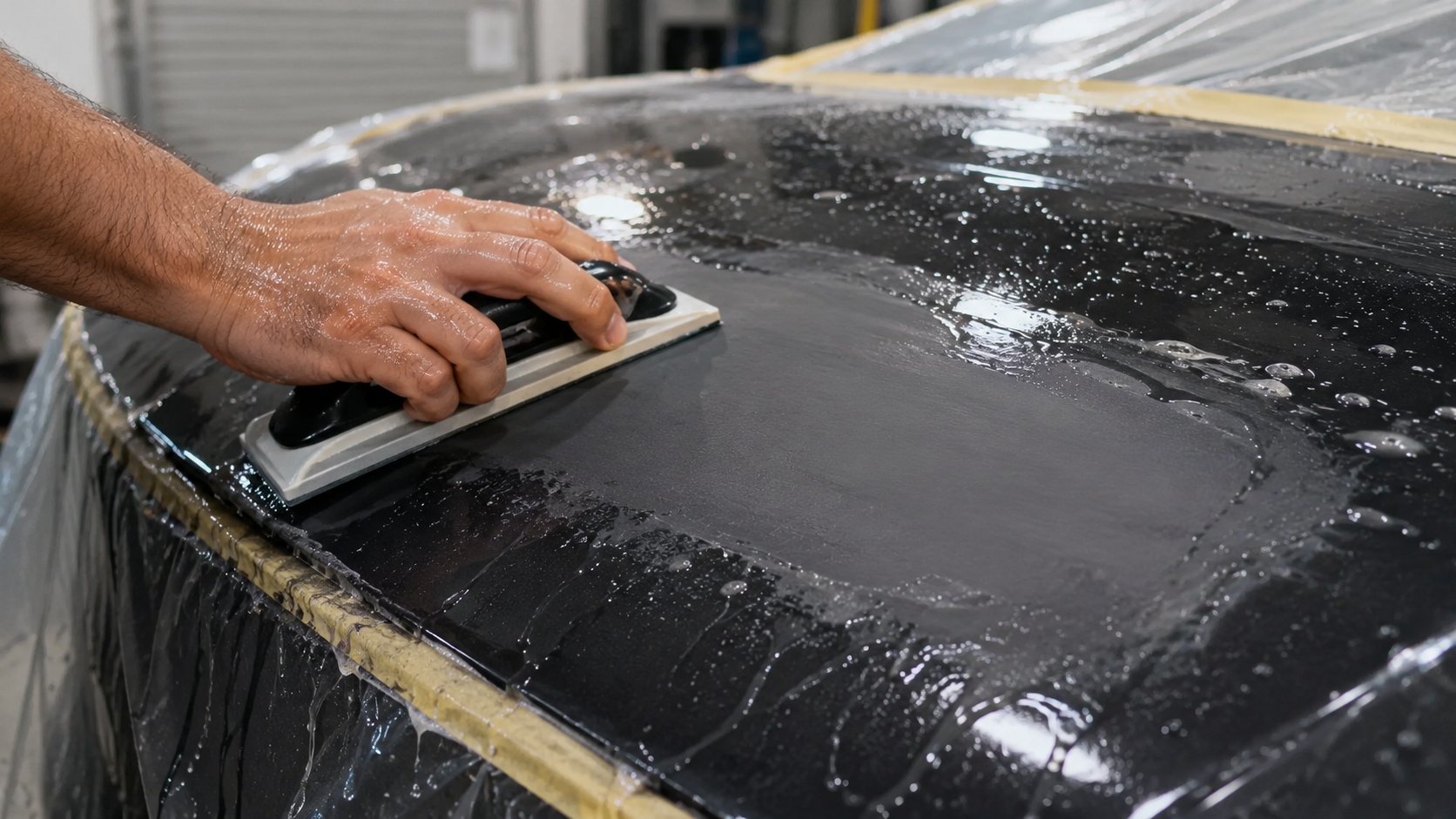 Wet sanding automotive clear coat with P1500 to P2000 before polishing