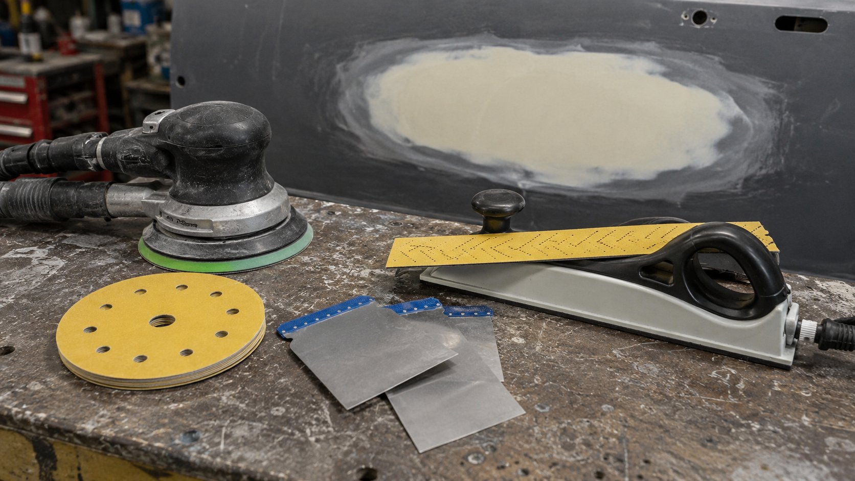Masked automotive panel edge showing clear coat burn through risk during wet sanding
