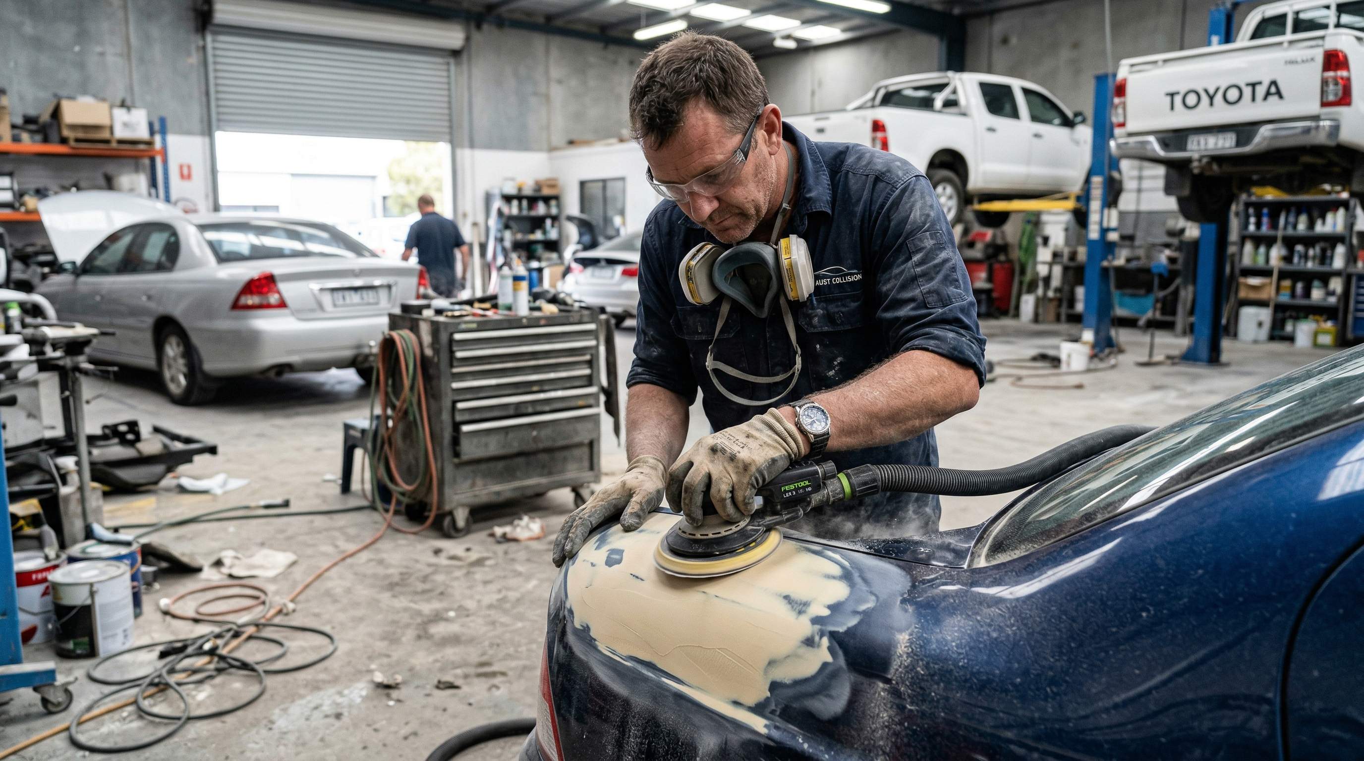 Panel shop technician sanding body filler on a car quarter panel with a 150mm DA sander in an Australian workshop.