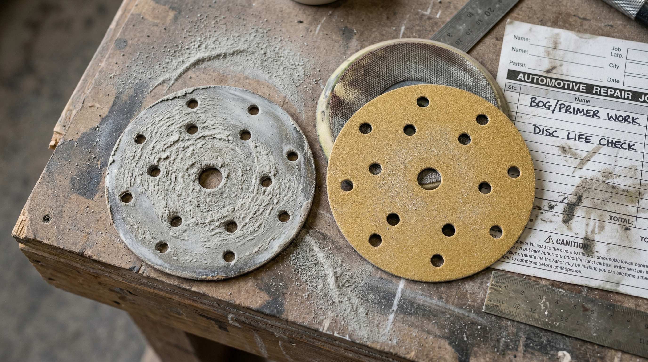 Used sanding discs on a workshop bench showing the difference between a loaded disc and a cleaner cutting disc.