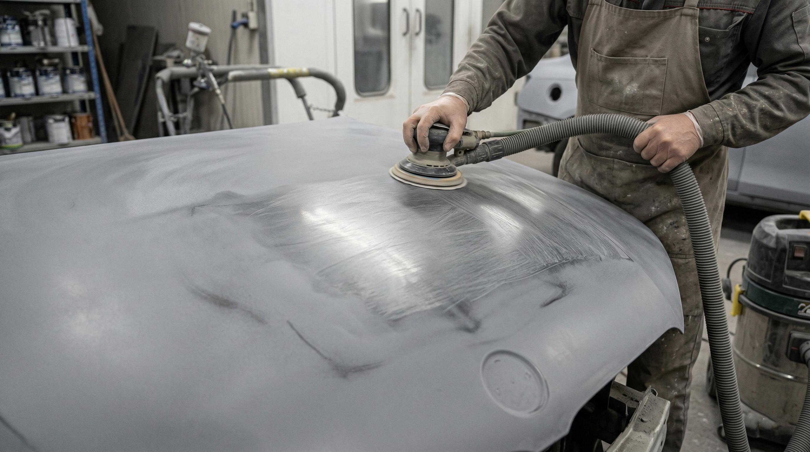 Technician sanding high-build primer with dust extraction during paint prep.