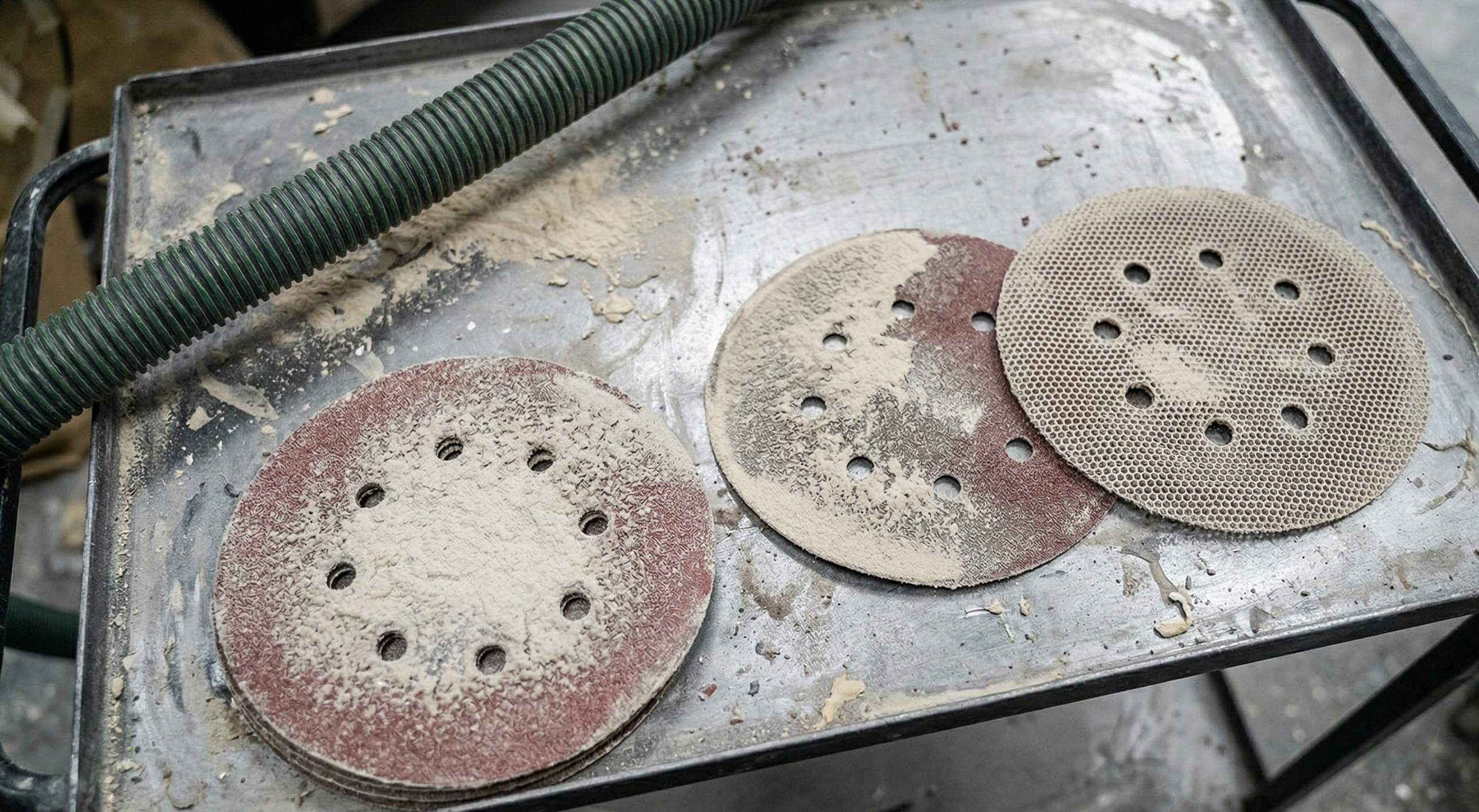 Close-up of sanding discs showing filler loading and uneven wear on a panel shop bench.