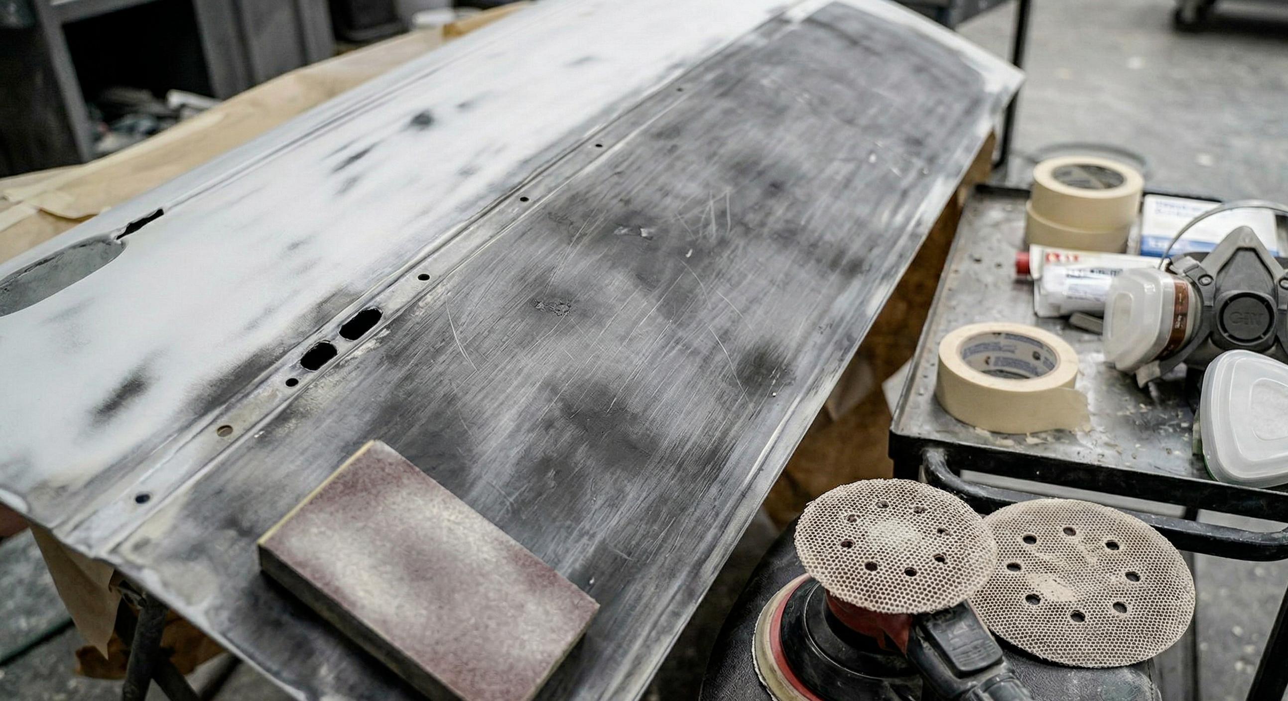 Sanded repair panel with guide coat showing uneven scratch pattern before primer.