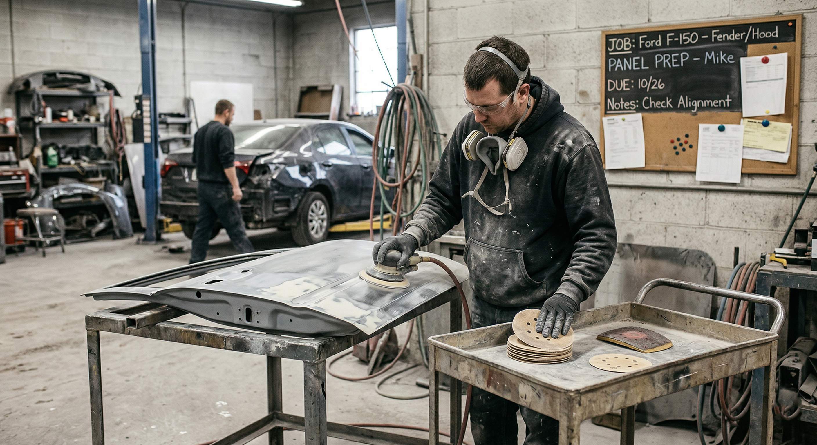 Technician sanding body filler in a Melbourne panel shop with loaded sanding discs and dust extraction visible.