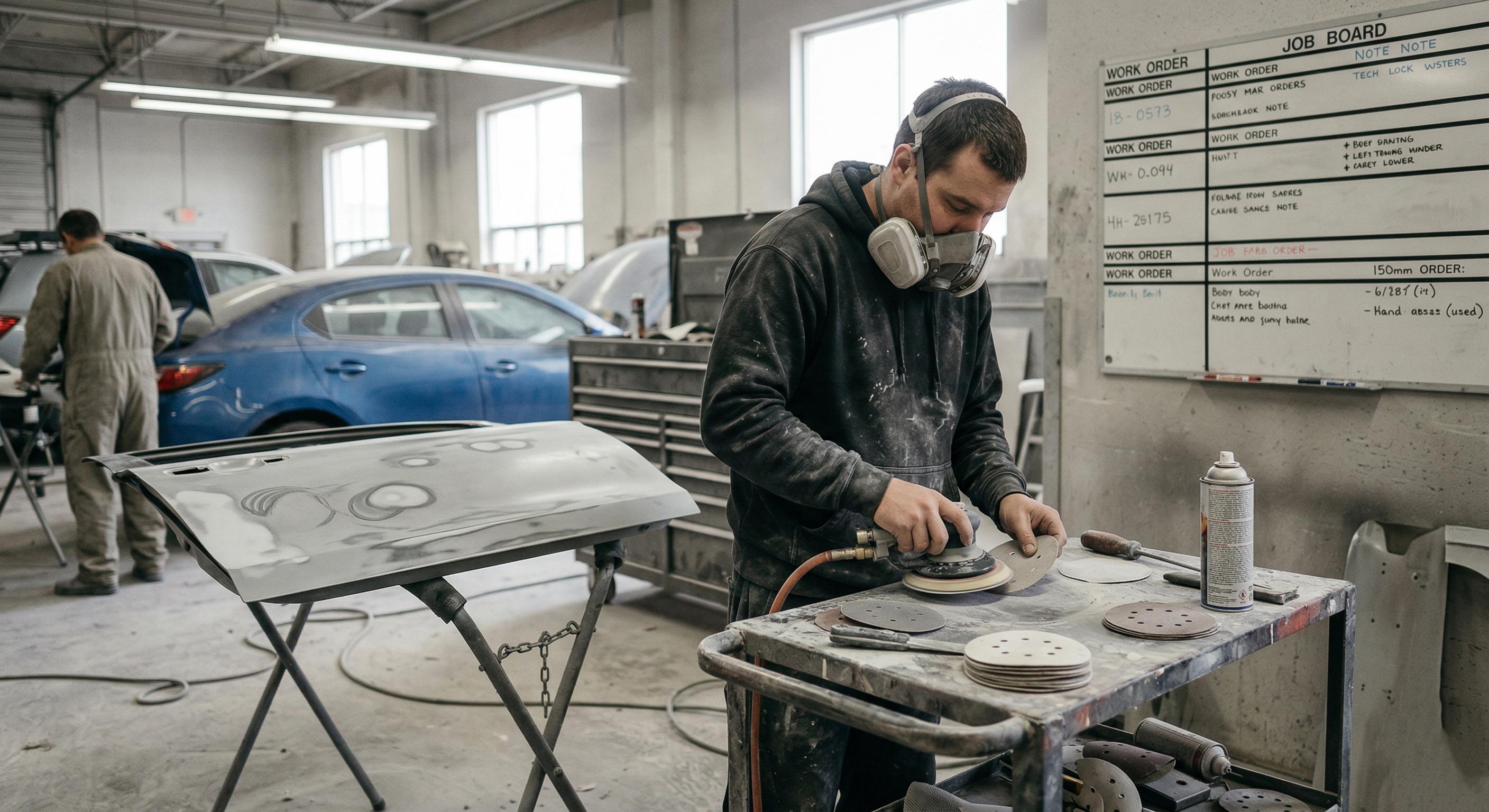 Technician changing sanding discs mid-job in a busy panel shop prep area.