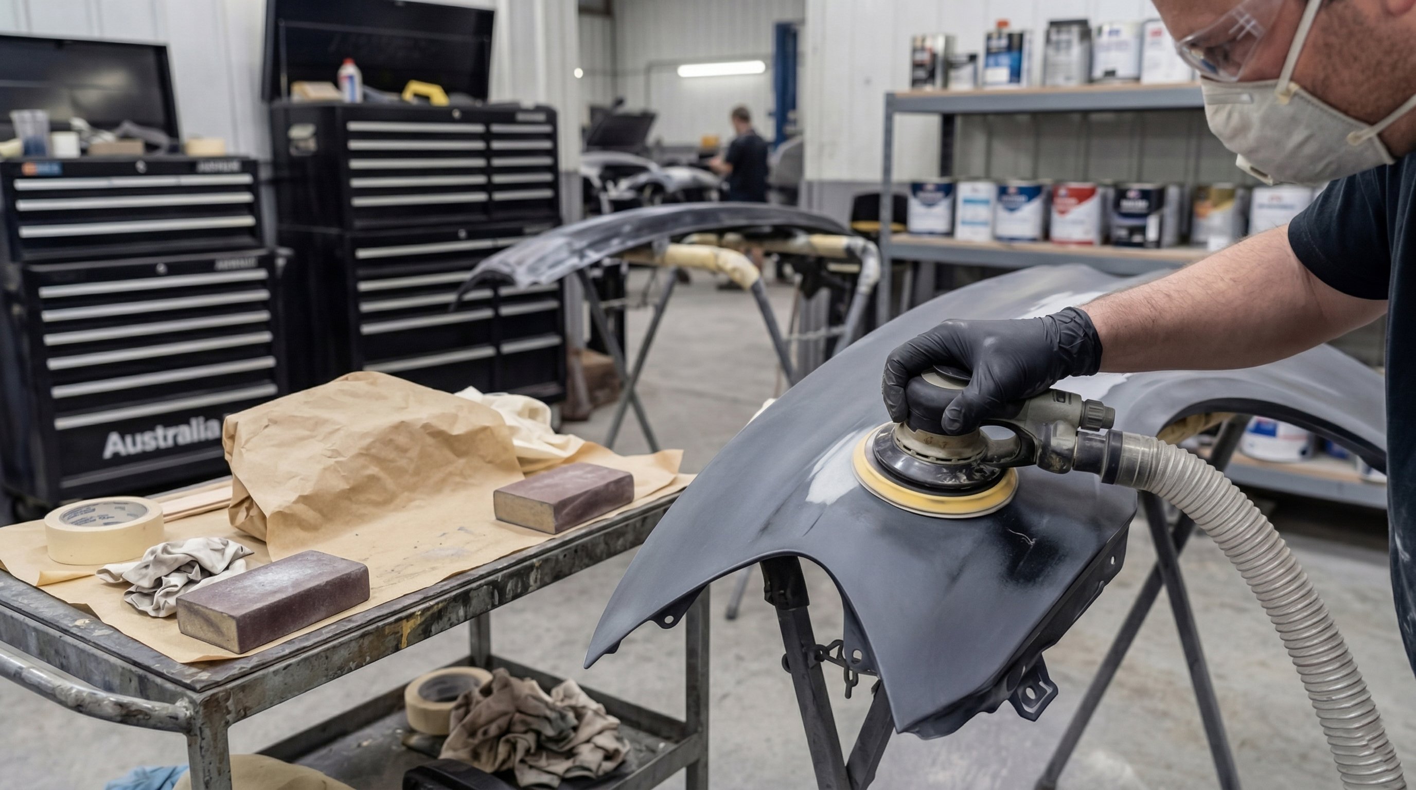 Panel beater using a 150mm sanding disc with dust extraction in an Australian automotive prep bay.