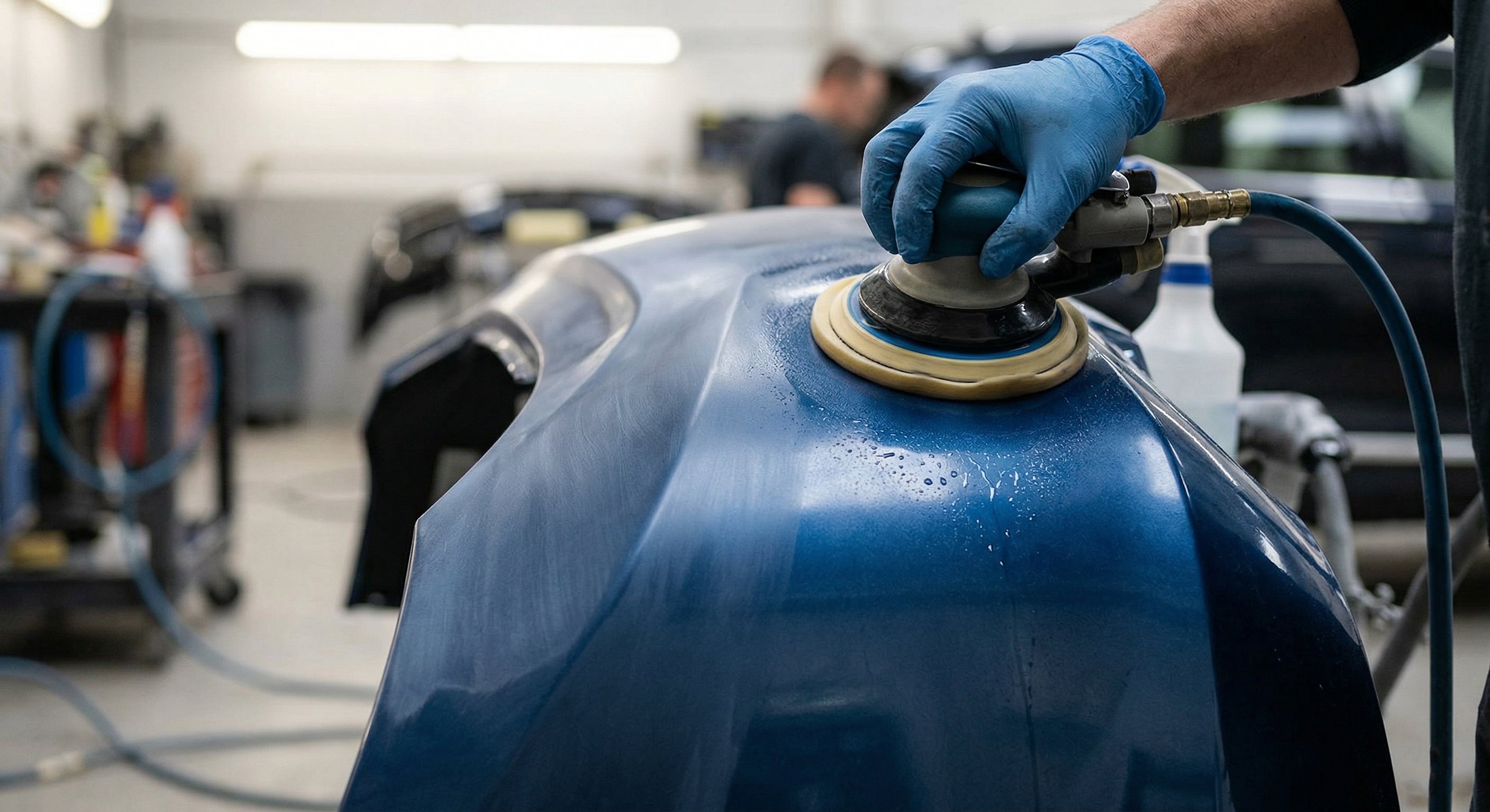 Sponge-backed wet and dry 150mm sanding disc refining clear coat on a curved automotive panel.