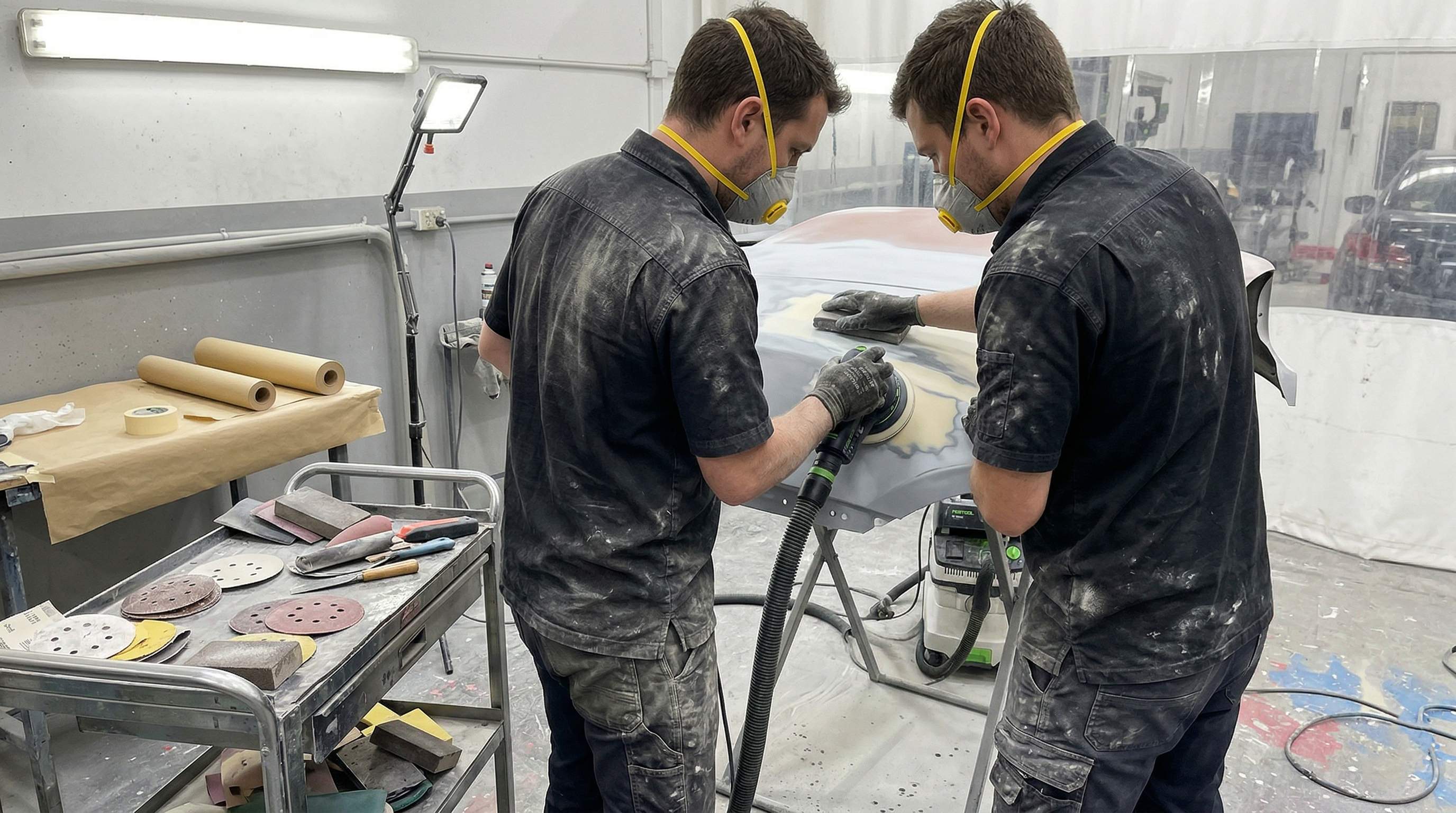 Worker sanding a repaired panel while wearing a P2 dust mask in a prep area.