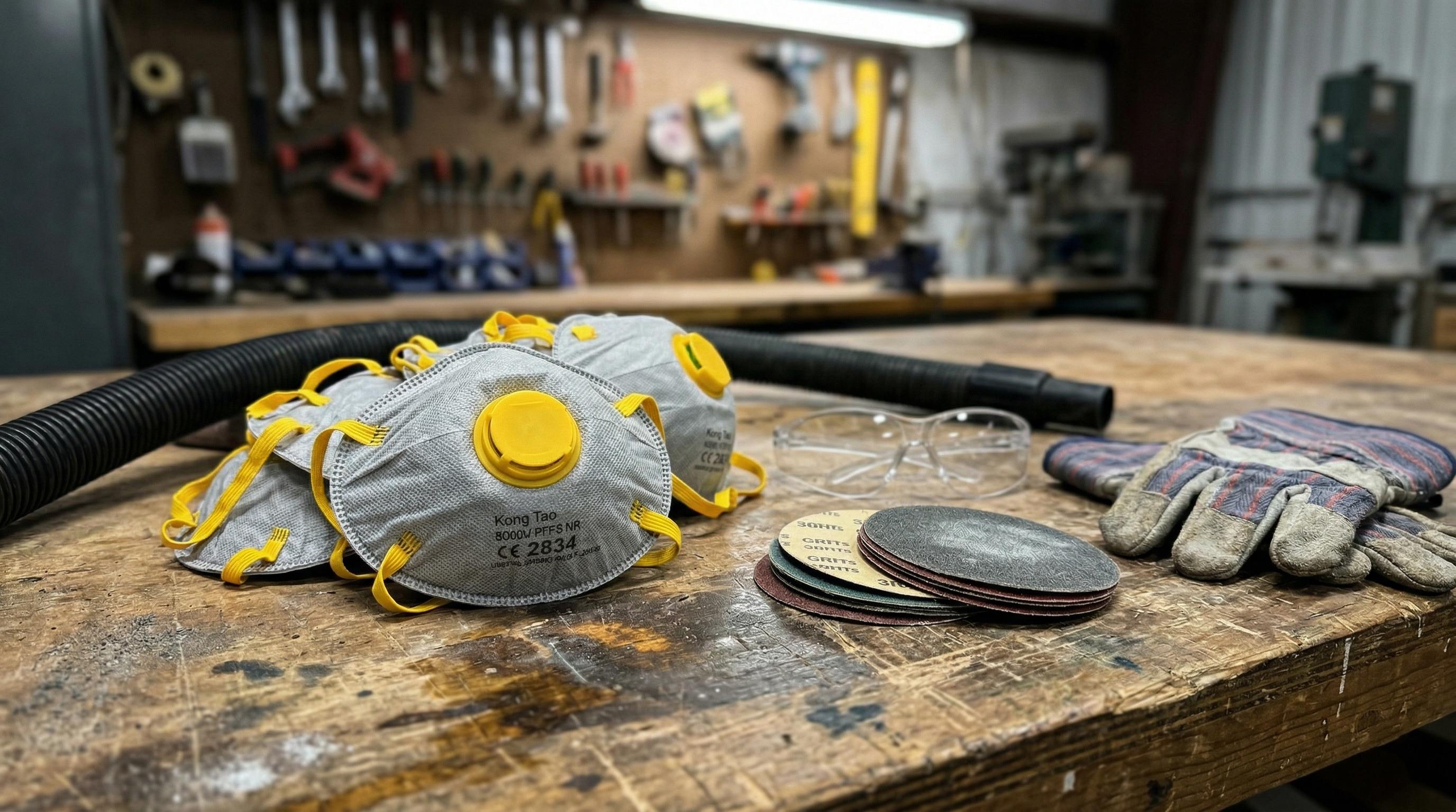 P2 masks, safety glasses and sanding gear laid out on a workshop bench.