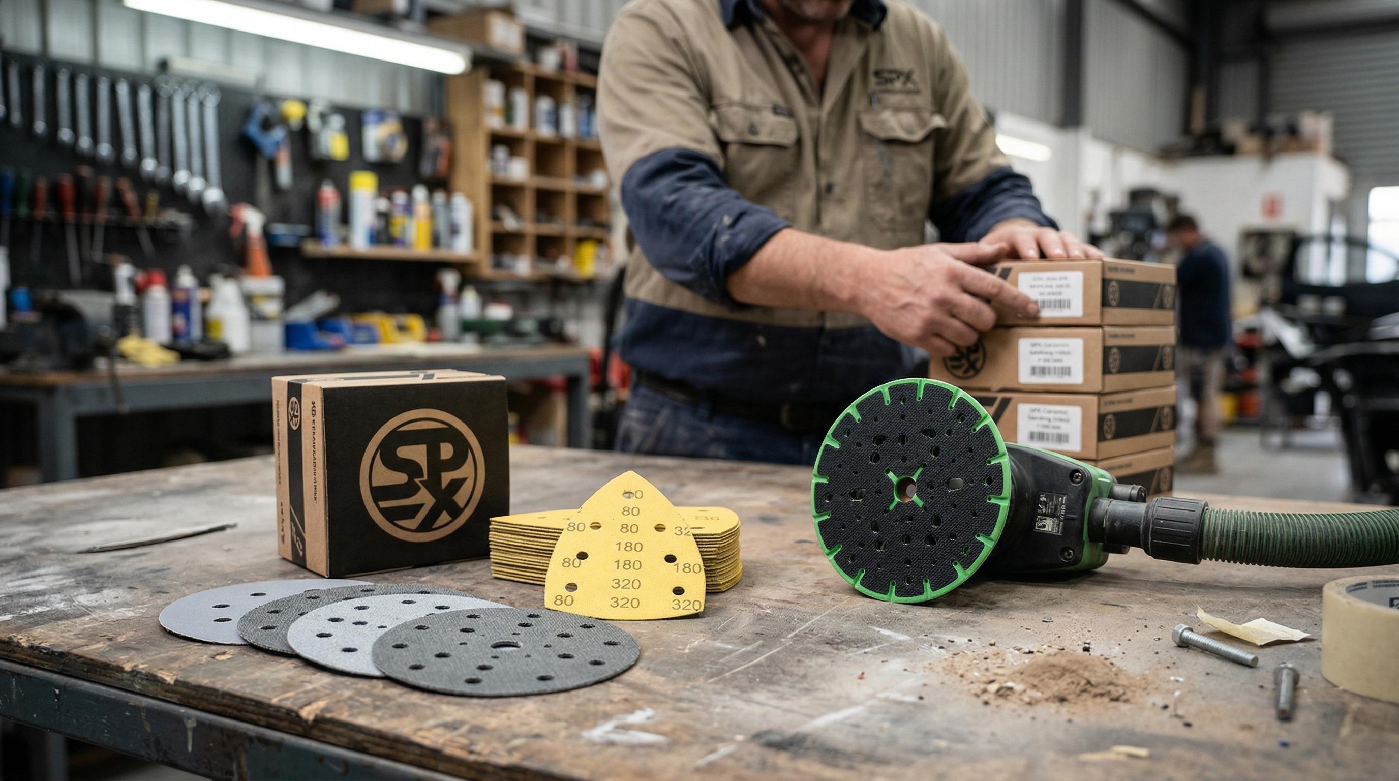 Workshop manager checking 150mm sanding discs, DA sander and boxed abrasive stock in an Australian panel shop.
